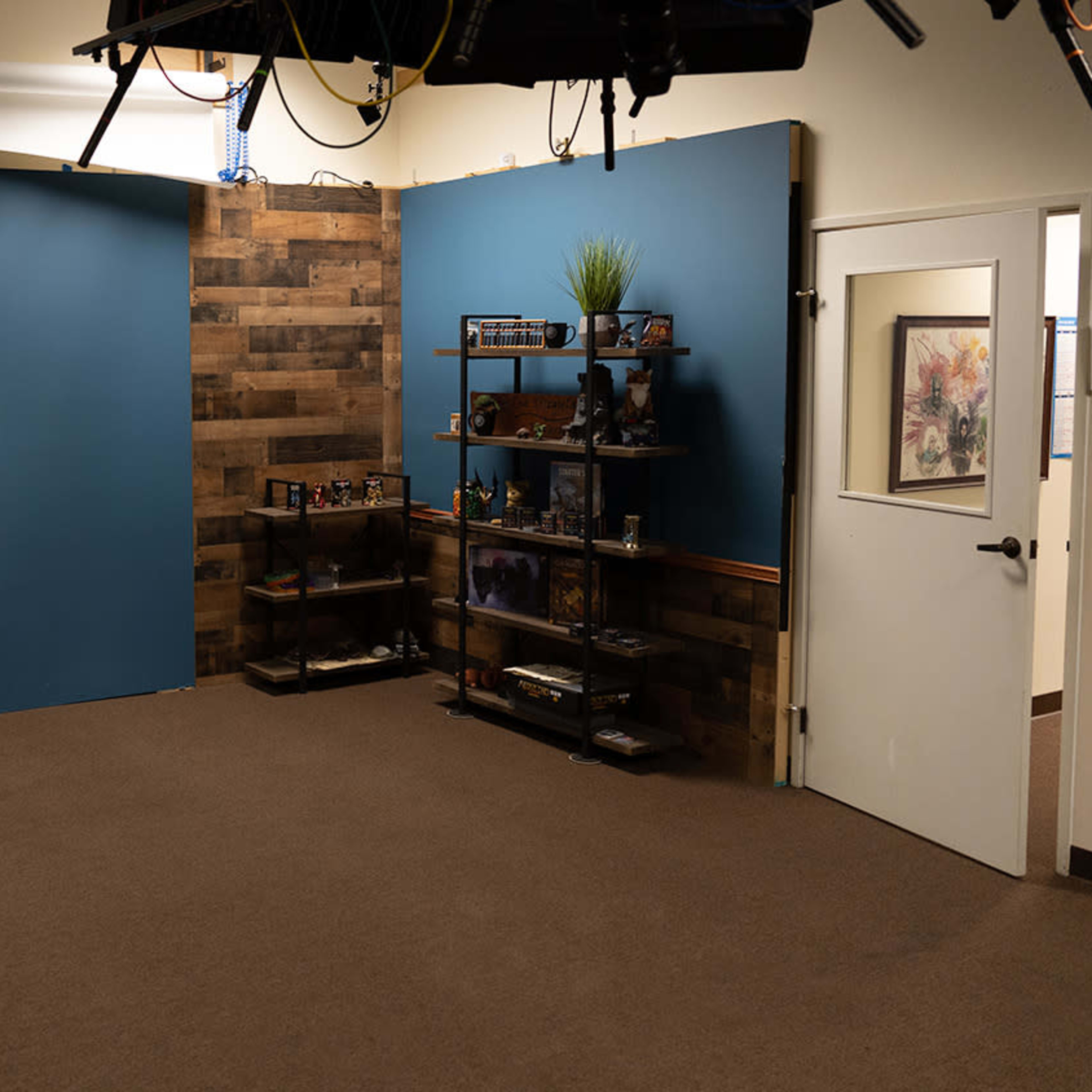 A room with blue walls, a brown carpet, shelving units, and a door, creating a simple, organized space.