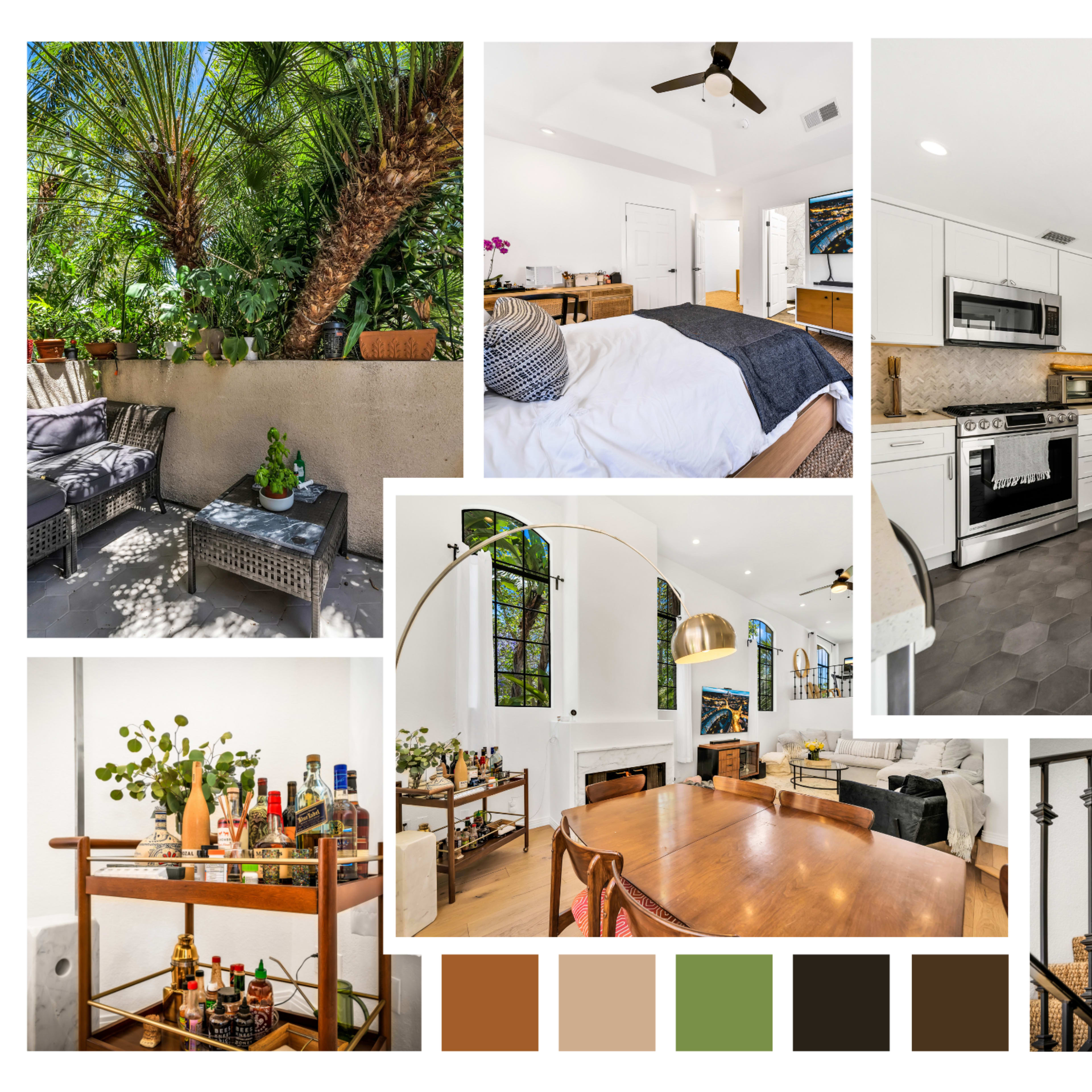 A stylish interior and exterior collage of a home featuring a dining area, modern kitchen, living space, and outdoor seating surrounded by greenery.