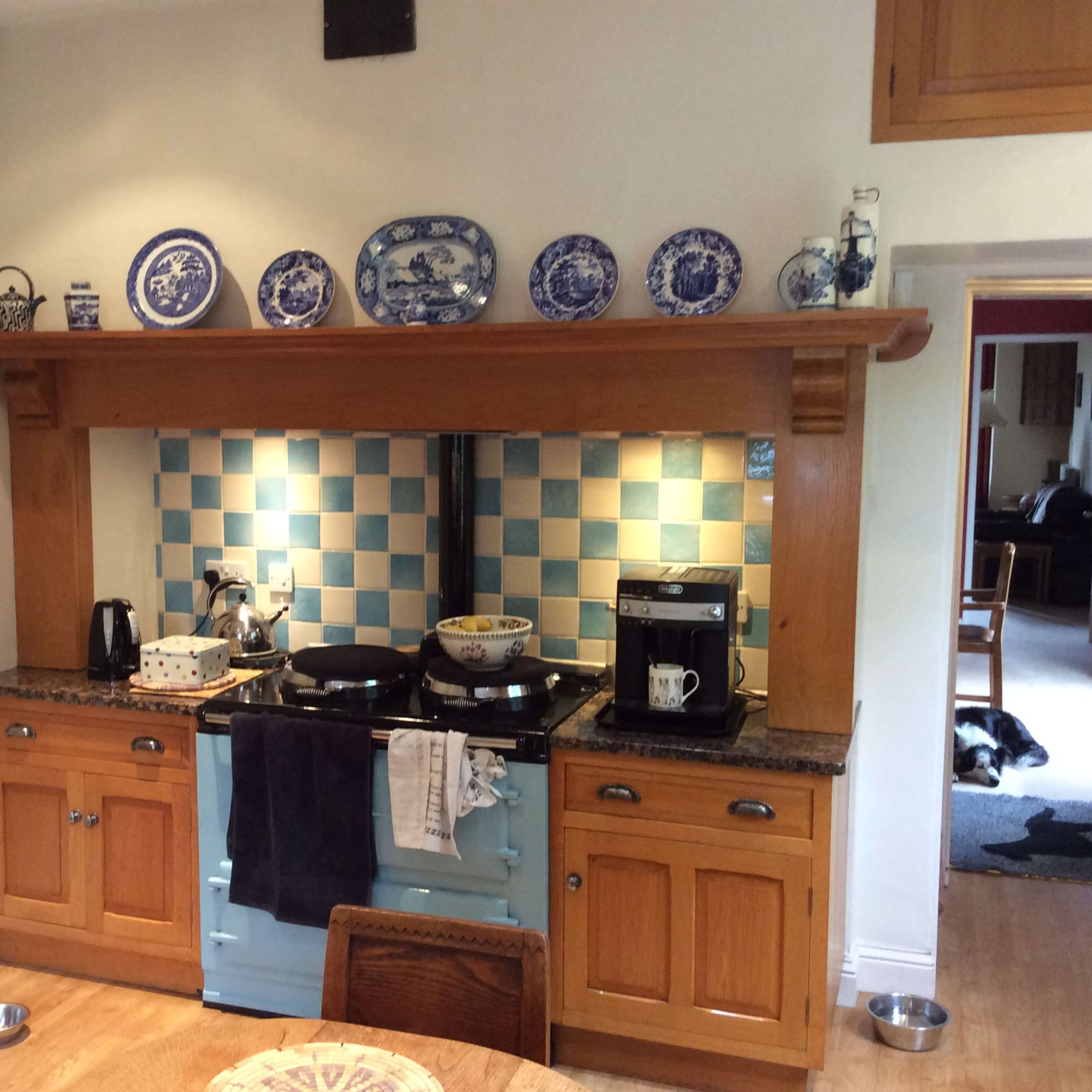 A kitchen with wooden cabinetry, blue and white ceramic plates on a shelf, a stove, and a coffee maker below a tiled backsplash.