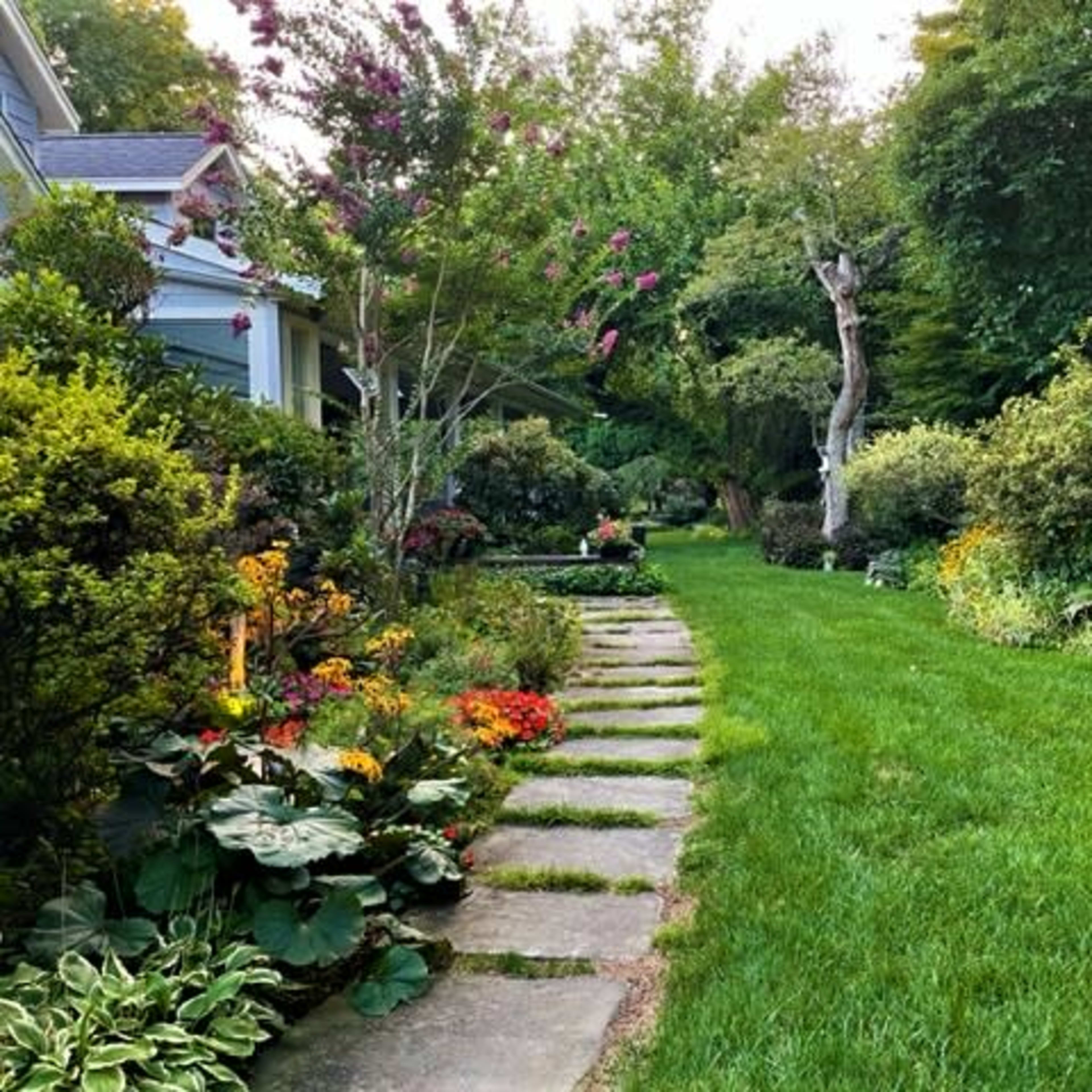 A stone path winds through a lush garden filled with colorful flowers and greenery.