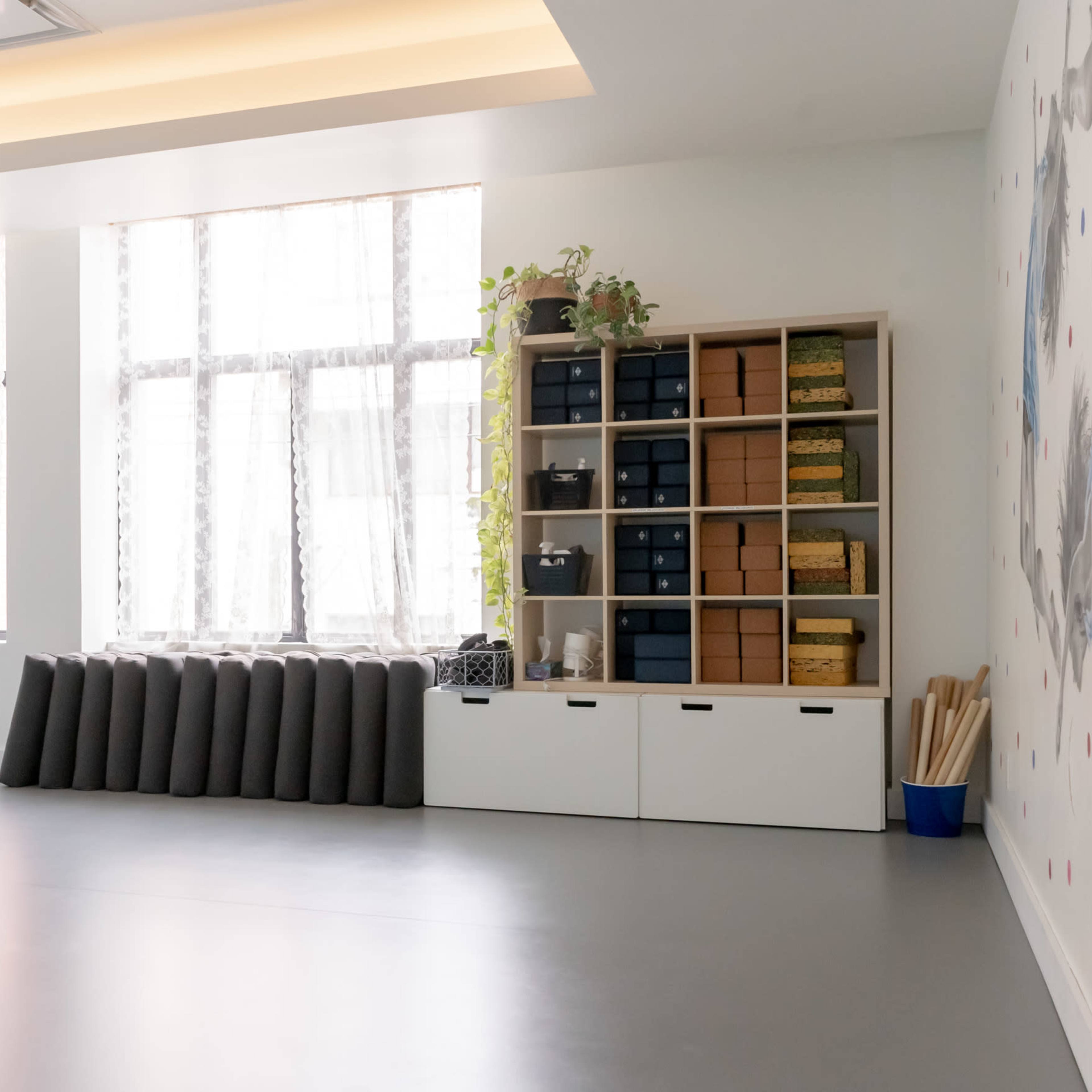 A bright, minimalist room with large windows, a shelf filled with storage boxes, and neatly arranged yoga mats.