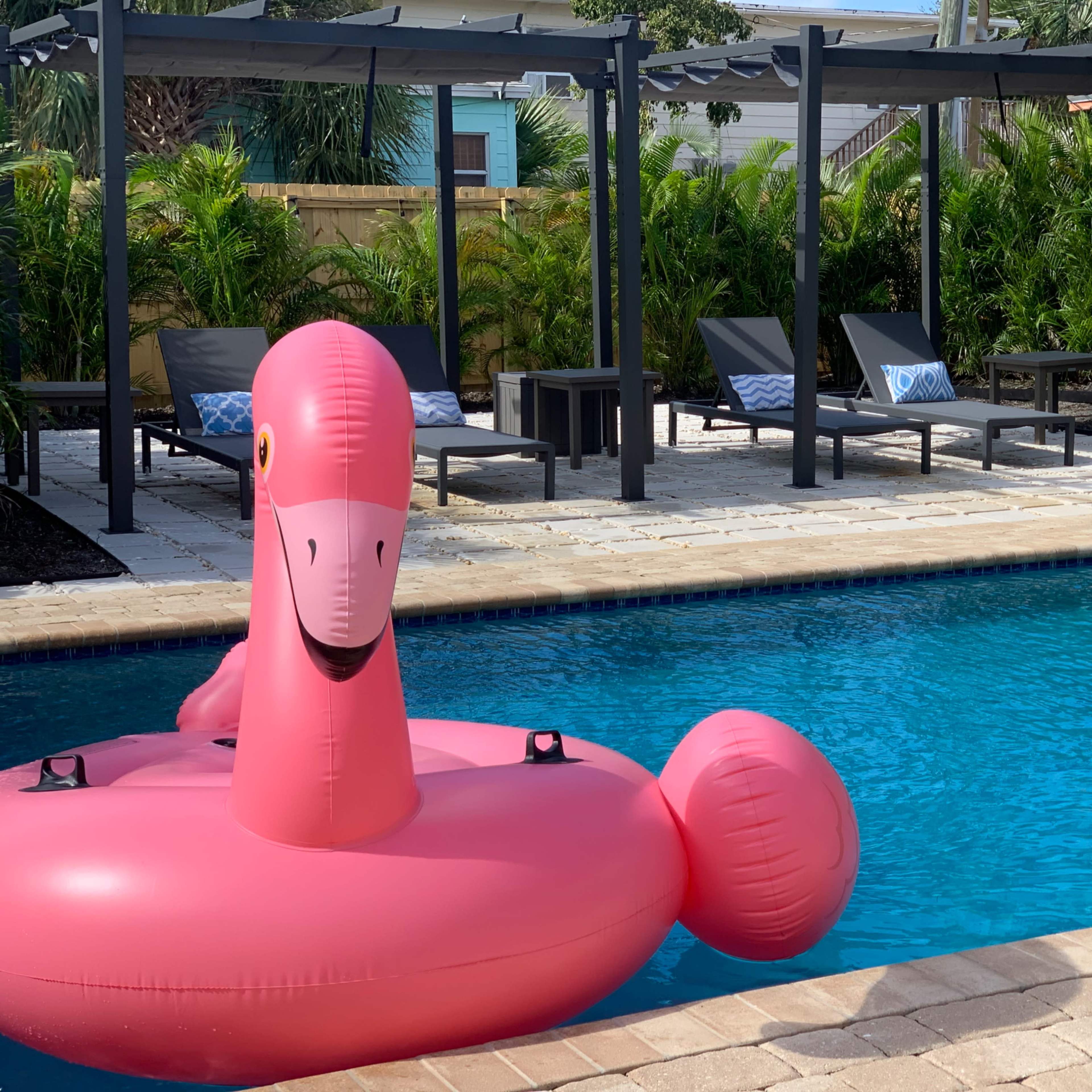 A pink flamingo-shaped float is placed in a swimming pool surrounded by lounge chairs and tropical plants.