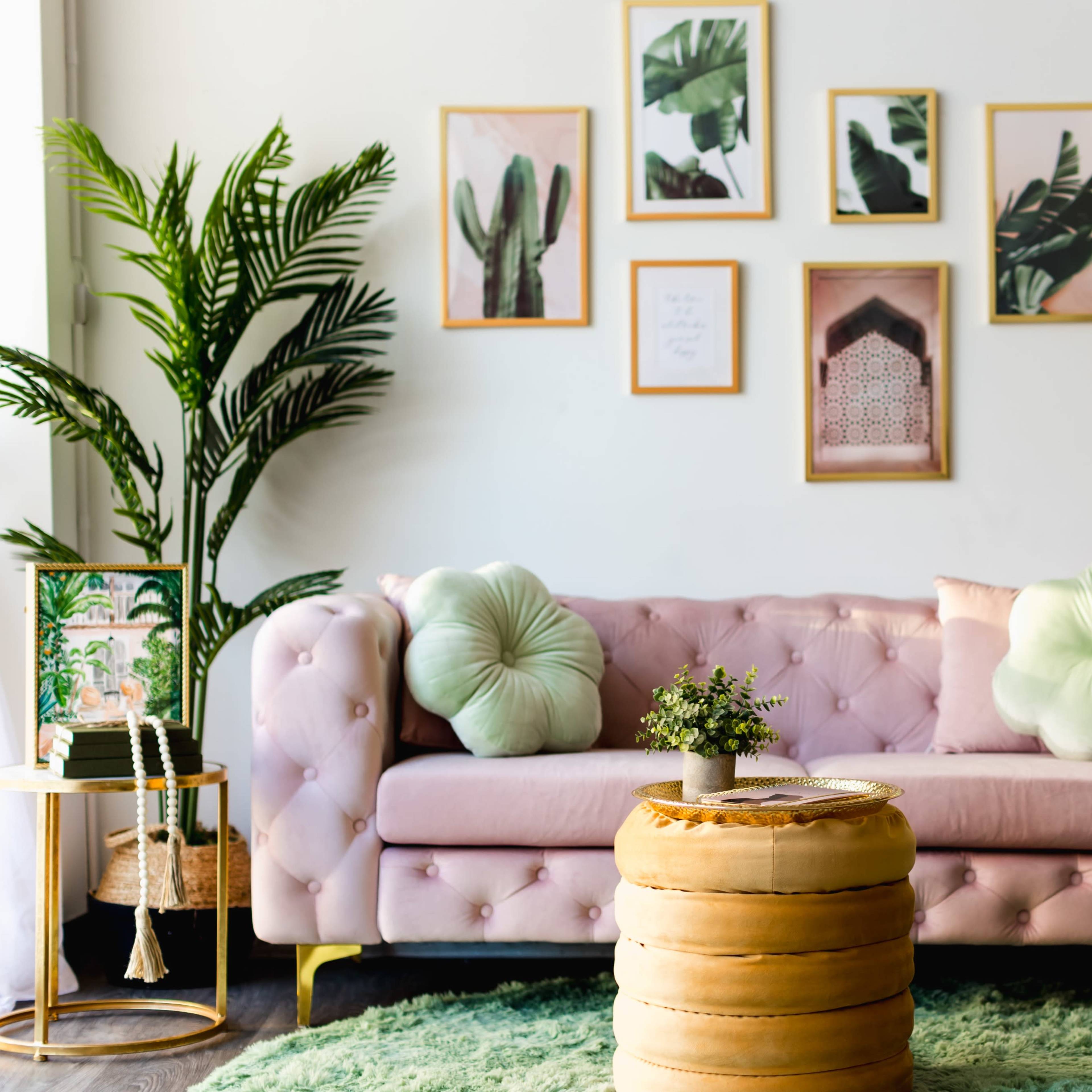 A pink tufted sofa with decorative pillows is positioned against a white wall adorned with framed botanical prints, accompanied by a round wooden coffee table and greenery.