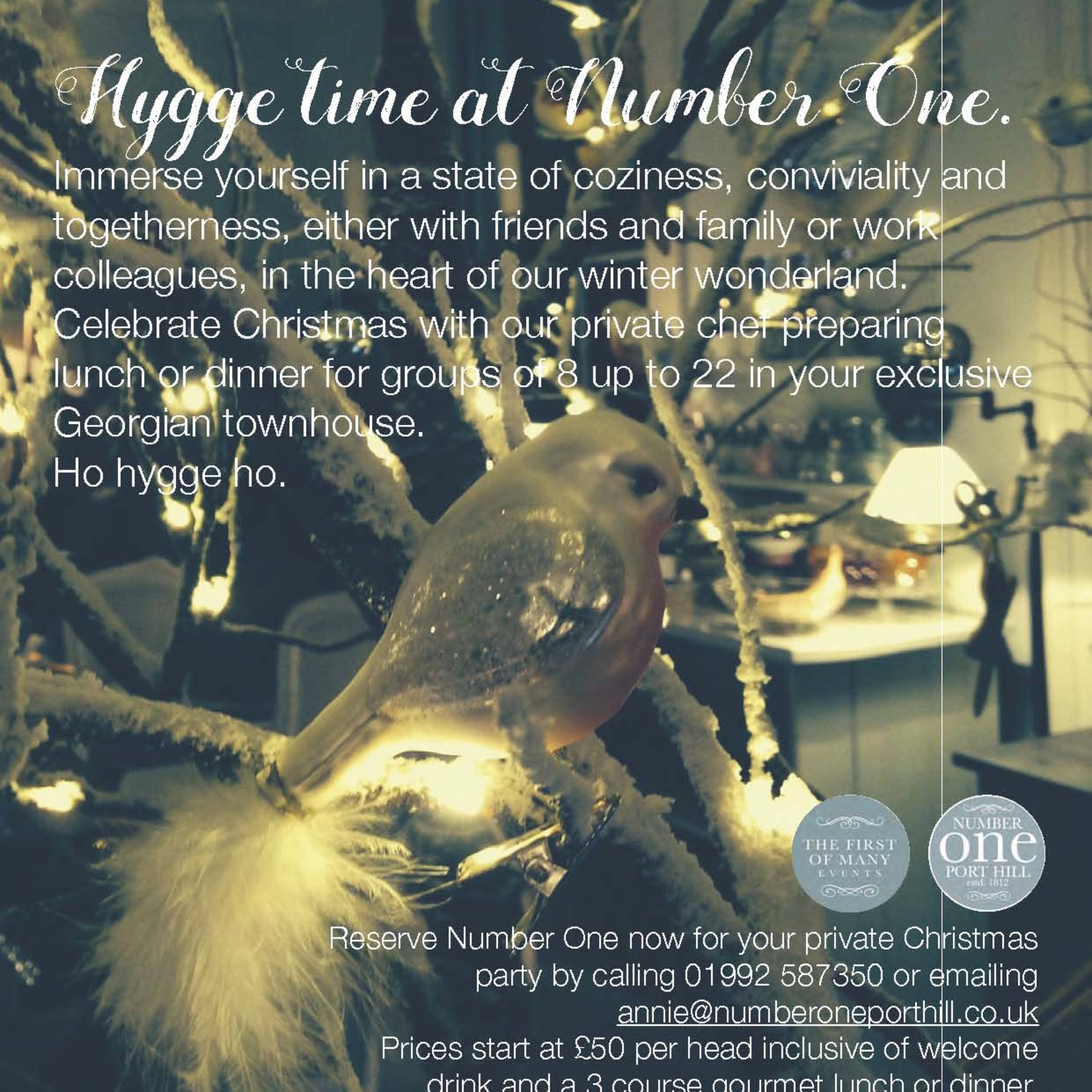 An invitation for a private Christmas party at Number One, showcasing a decorated winter scene with a white tree adorned with lights and ornaments.