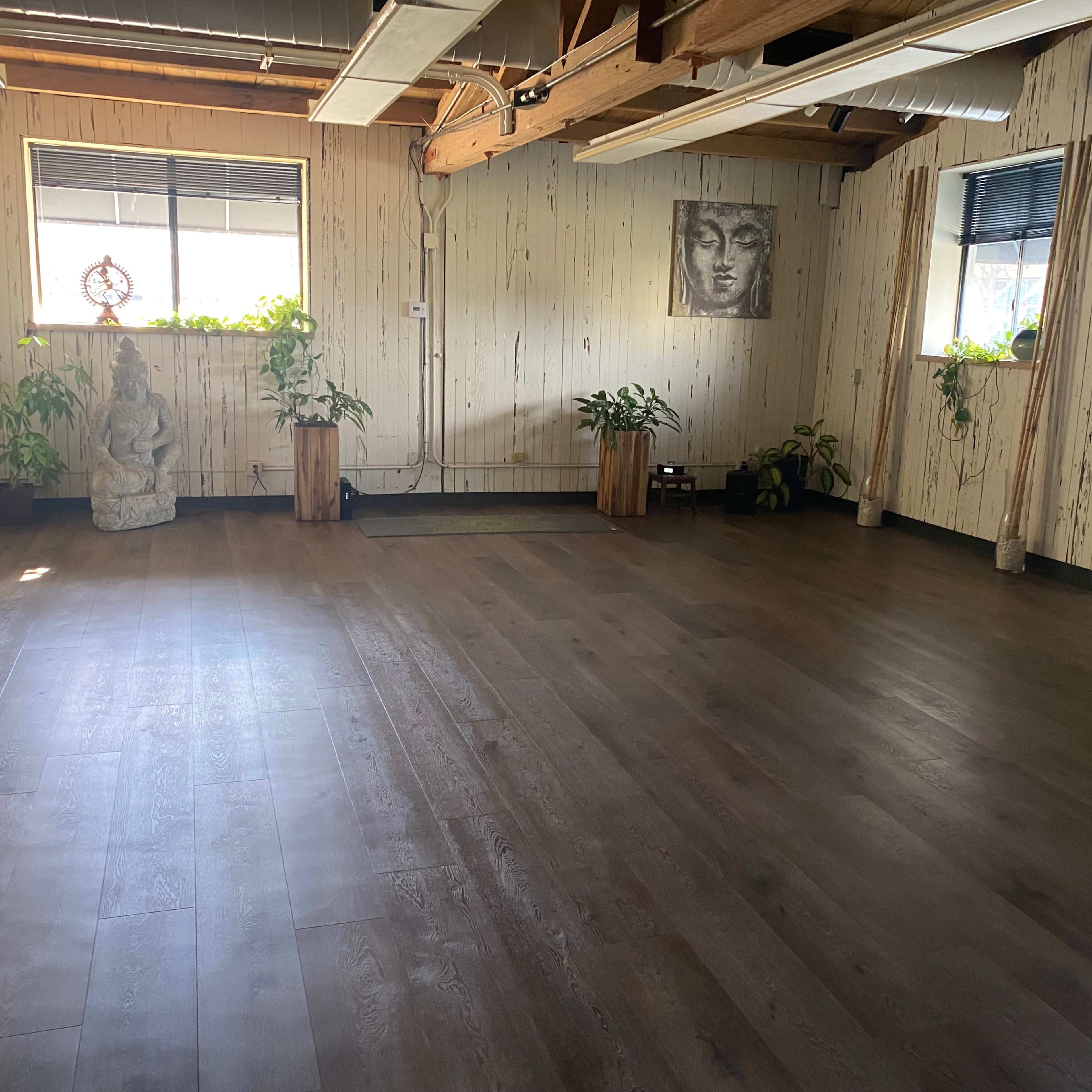 A spacious, empty room with wooden flooring, large windows, and greenery in wooden planters, featuring a statue and a wall art piece.