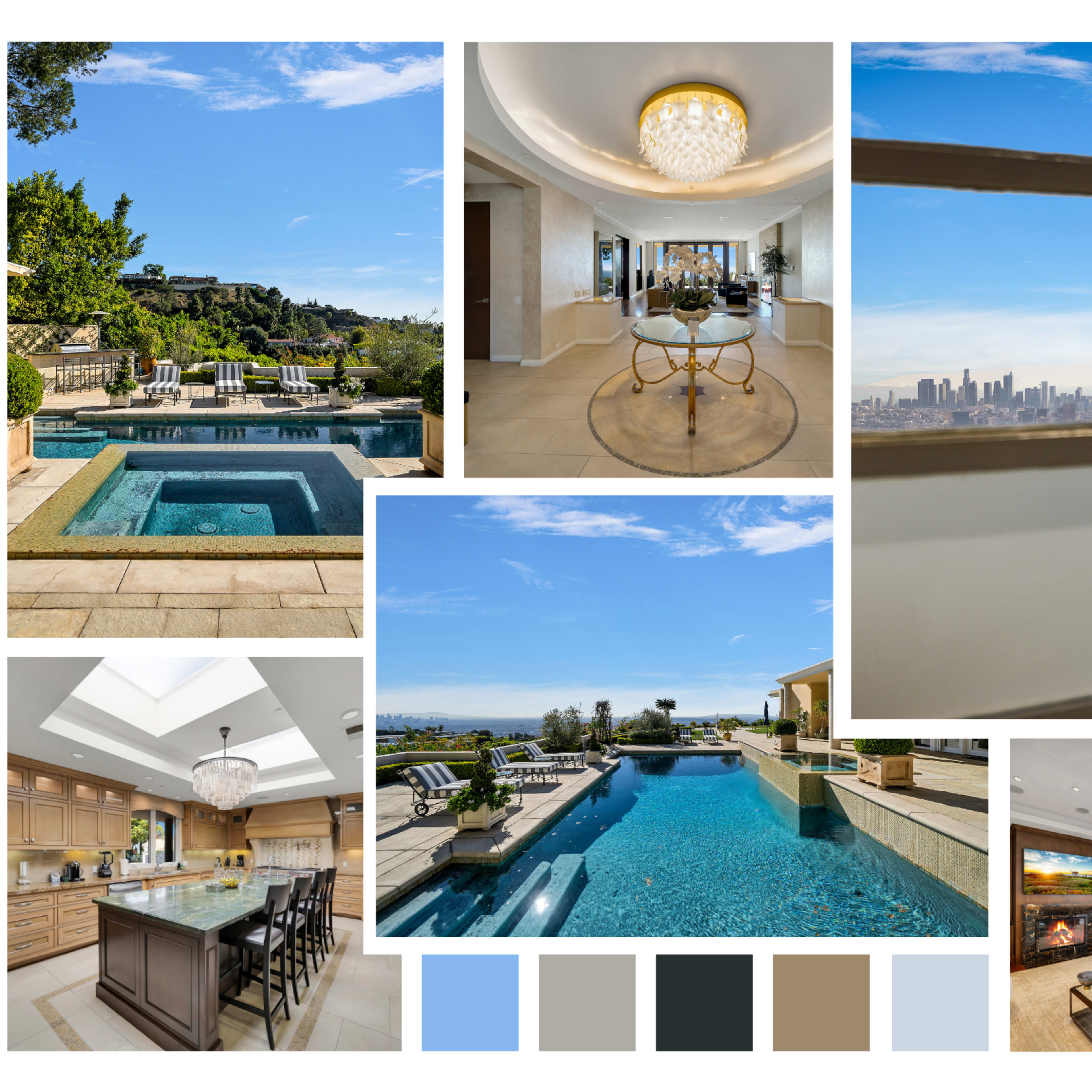 A luxurious property featuring an outdoor pool area, a modern kitchen, elegant interior spaces, and panoramic views of a city skyline against a clear blue sky.