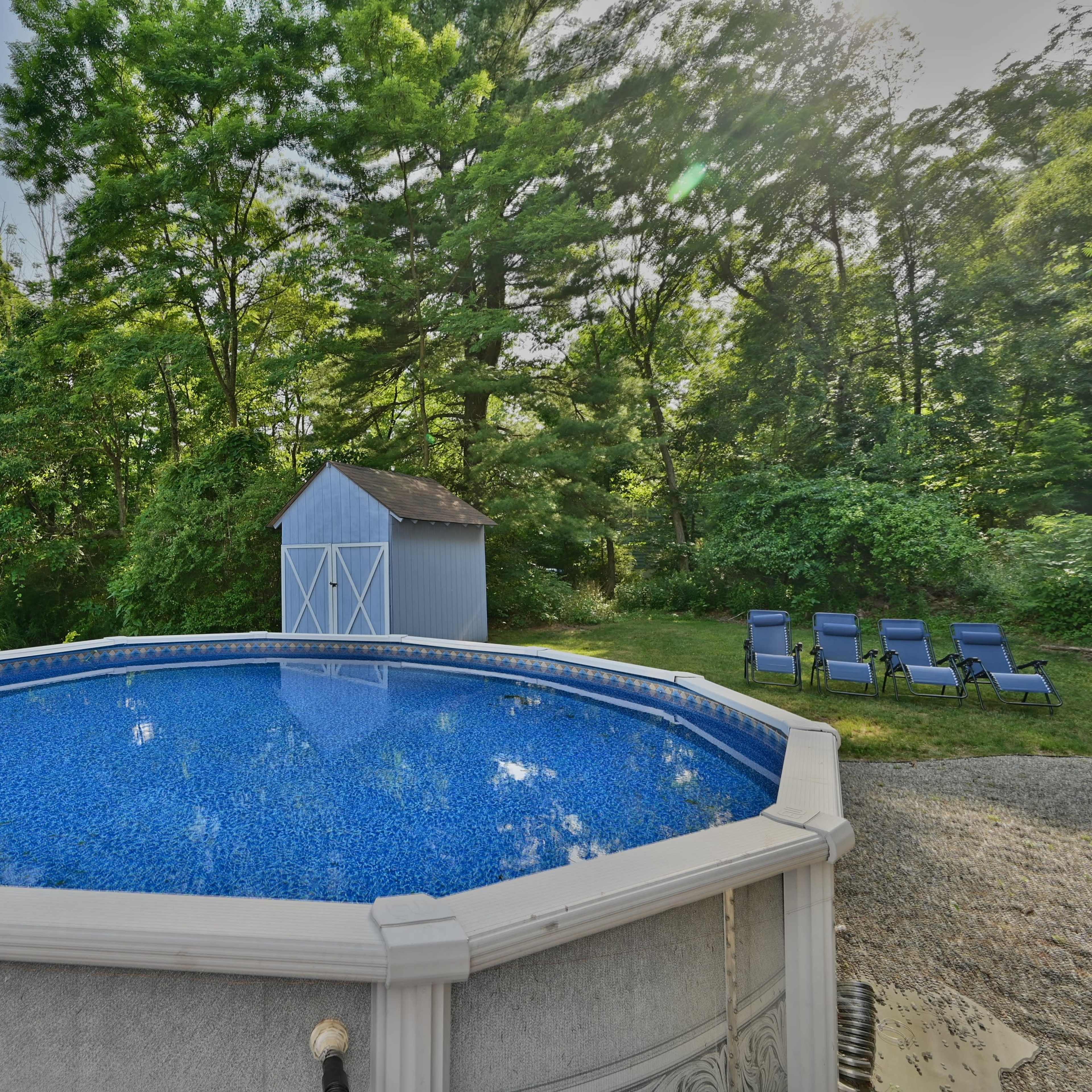 The scene features a round above-ground pool surrounded by greenery and a small shed in a landscaped yard.