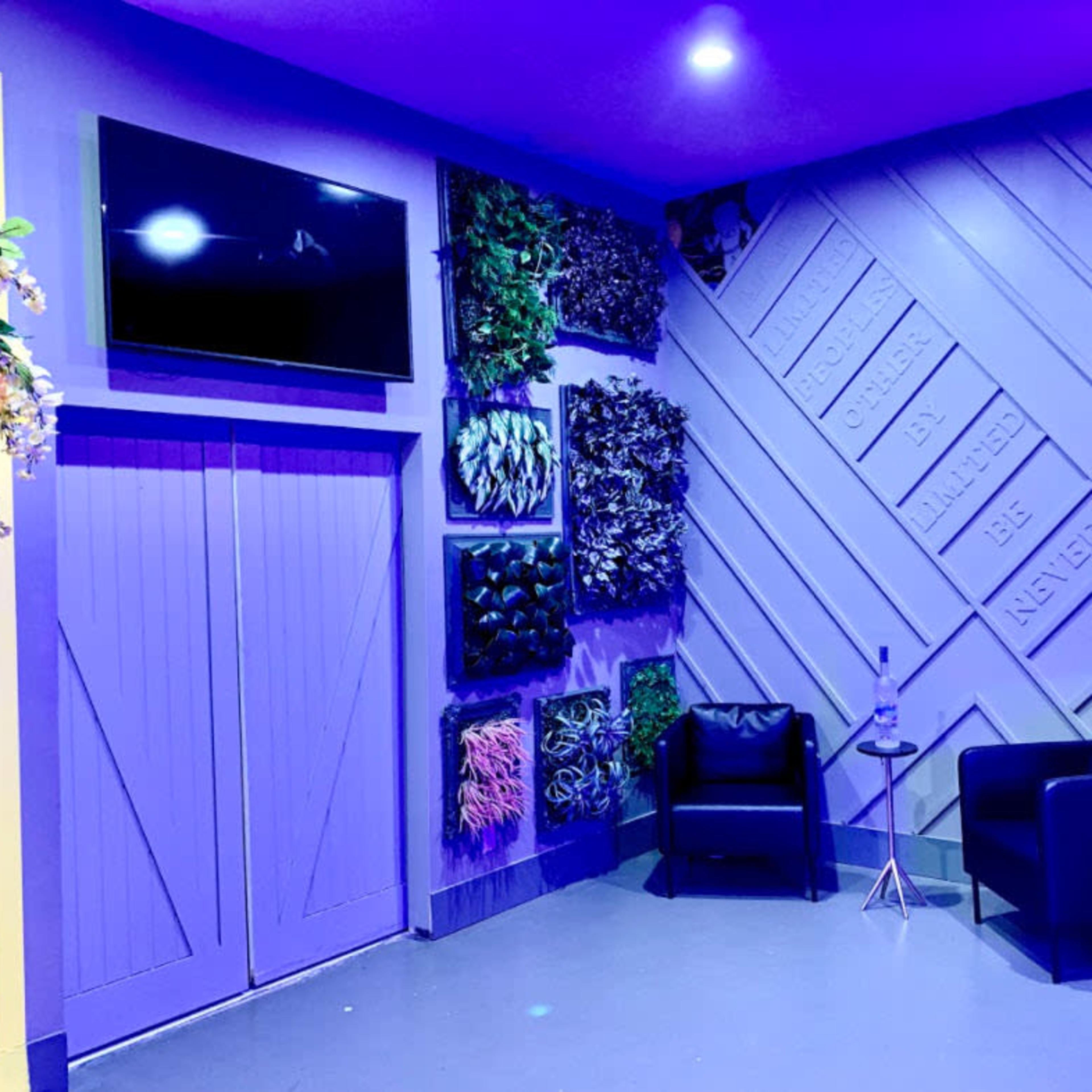A small room with purple walls, featuring a mounted TV, decorative green wall panels, and two black chairs beside a bar counter.