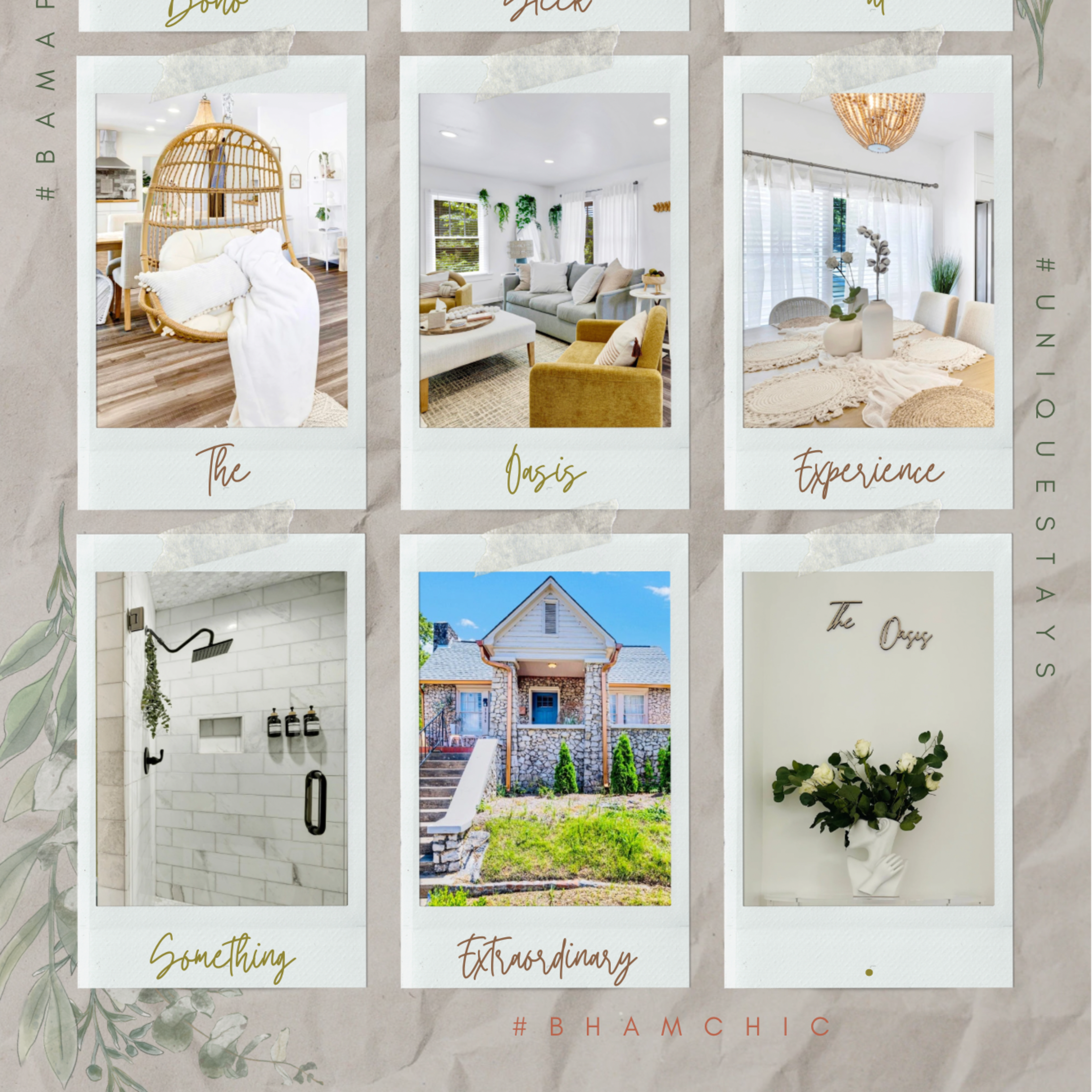A collage of nine styled photographs showcasing various attractive interior and exterior spaces, each highlighted by a label indicating themes like "Boho," "Sleek," "Oasis Experience," and "Something Extraordinary."
