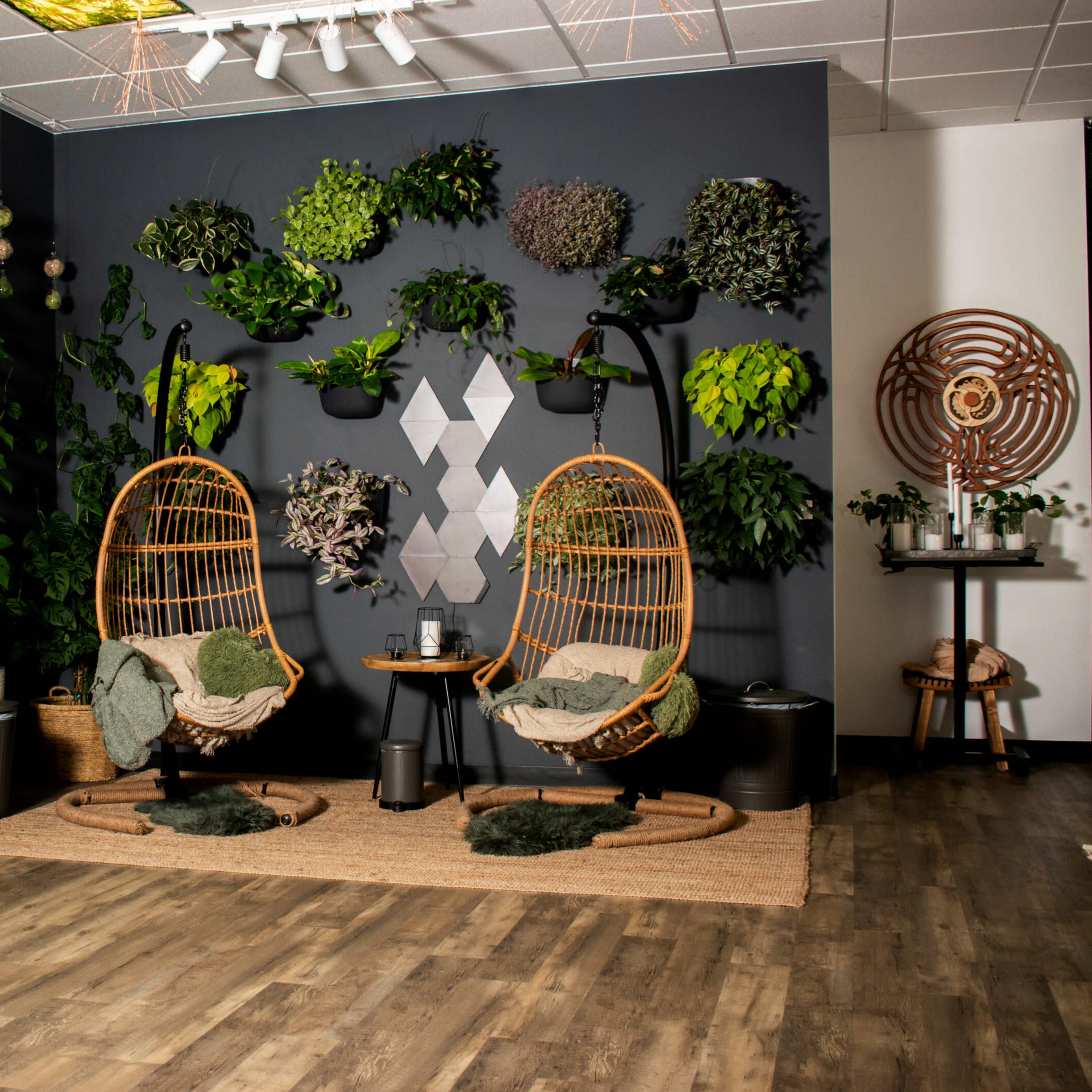 A seating area features two hanging chairs surrounded by various plants and wall-mounted decorative elements on a dark backdrop.