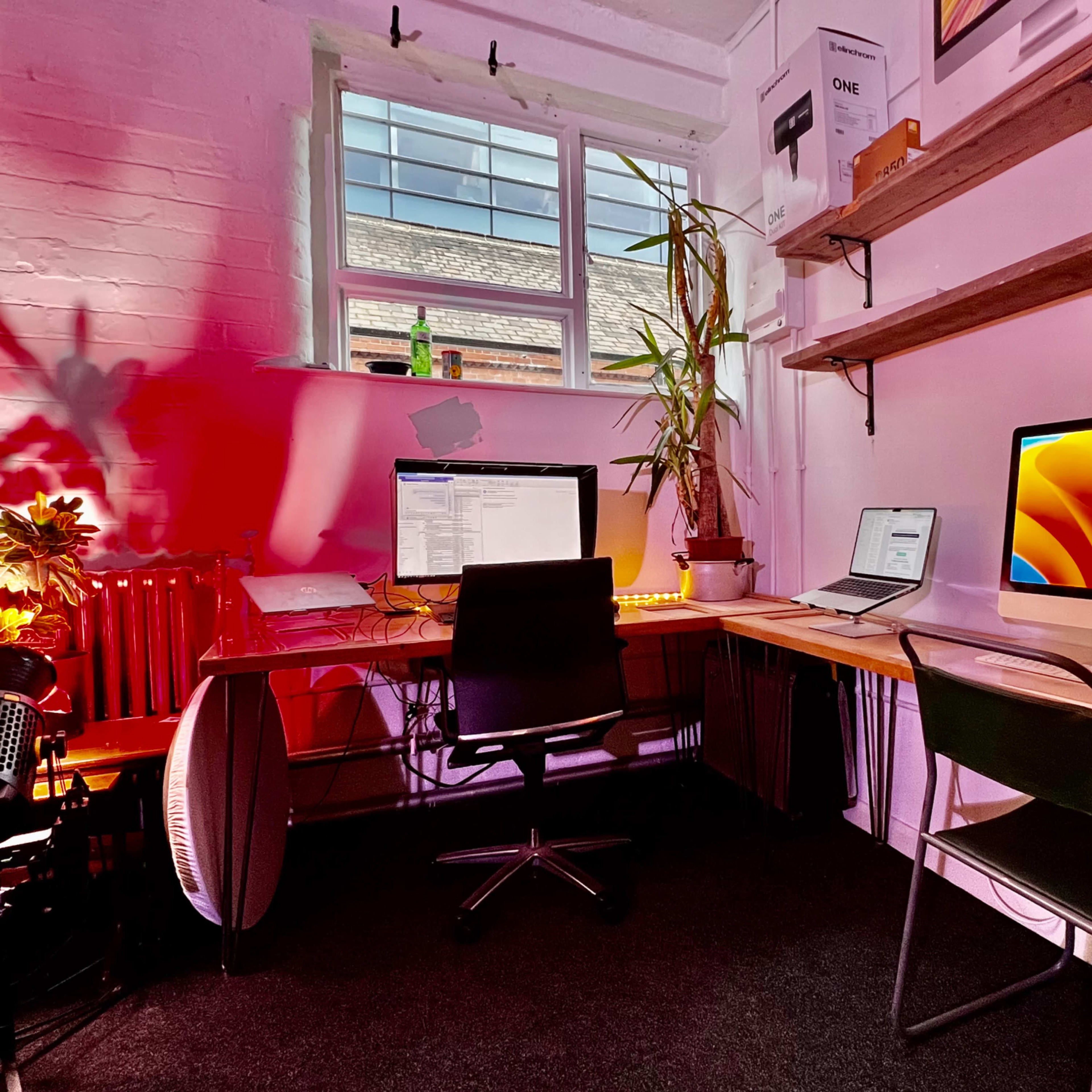 A workspace features two desks with computers, shelves, and a plant in a well-lit room with a window.