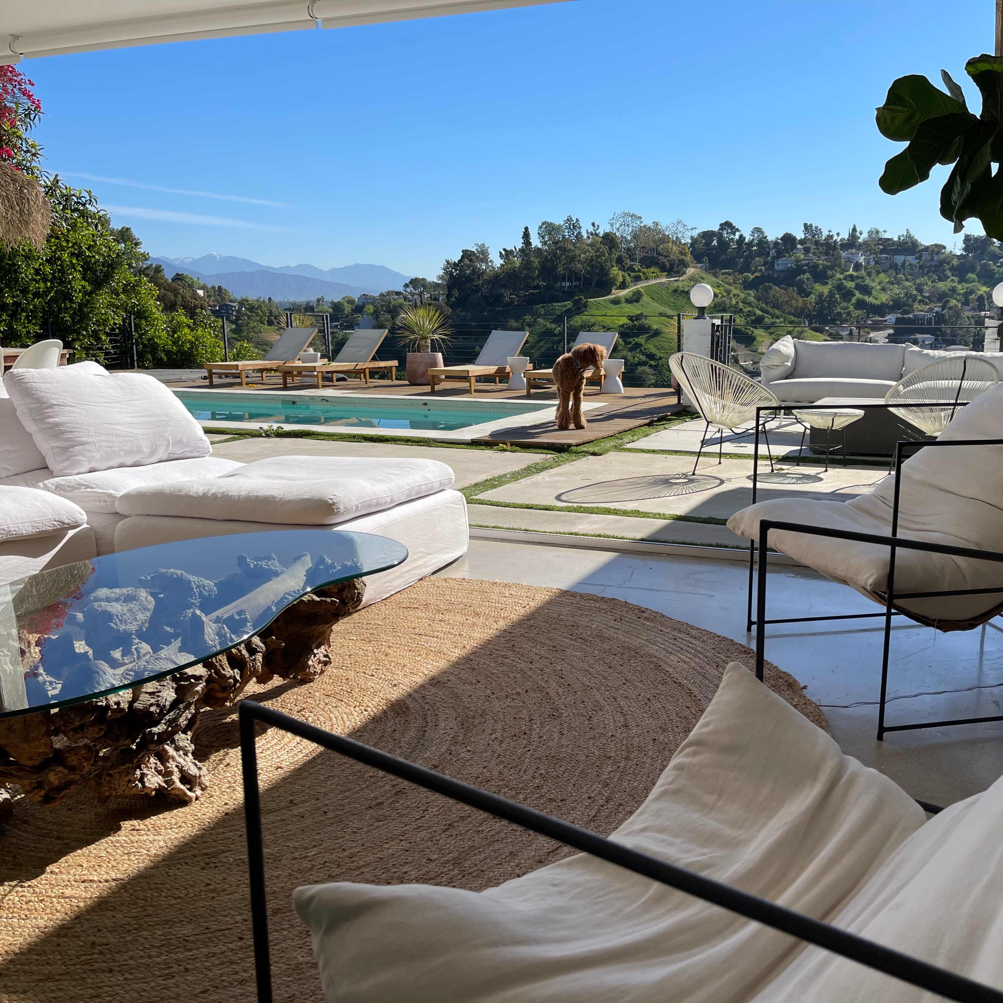 A modern outdoor living space with white furnishings, a pool in the background, and a dog near a landscaped area overlooking a scenic hillside.