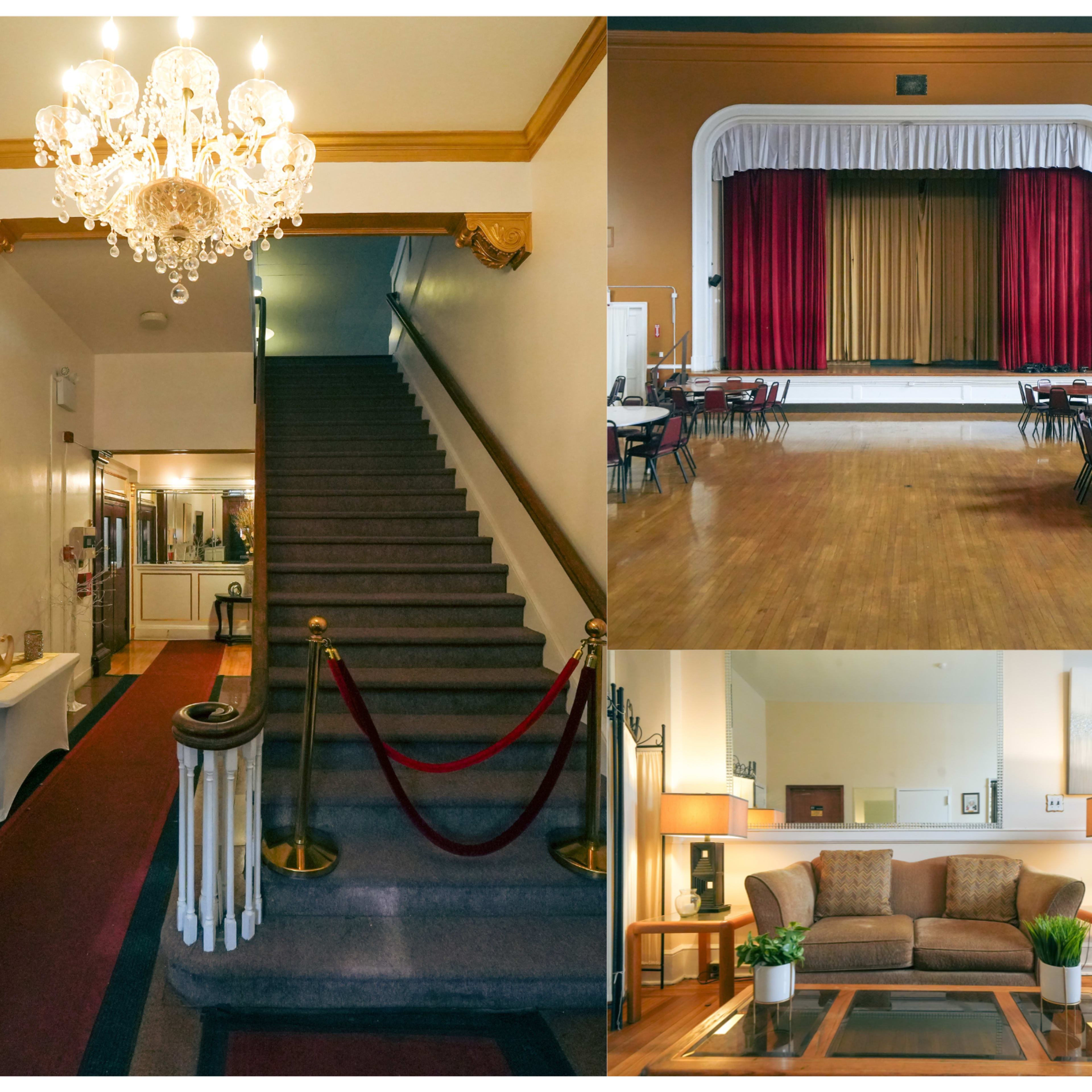 A grand entrance with a staircase leading to an upper level, a spacious event room with a stage and red curtains, and a cozy lounge area with sofas and decorative plants.