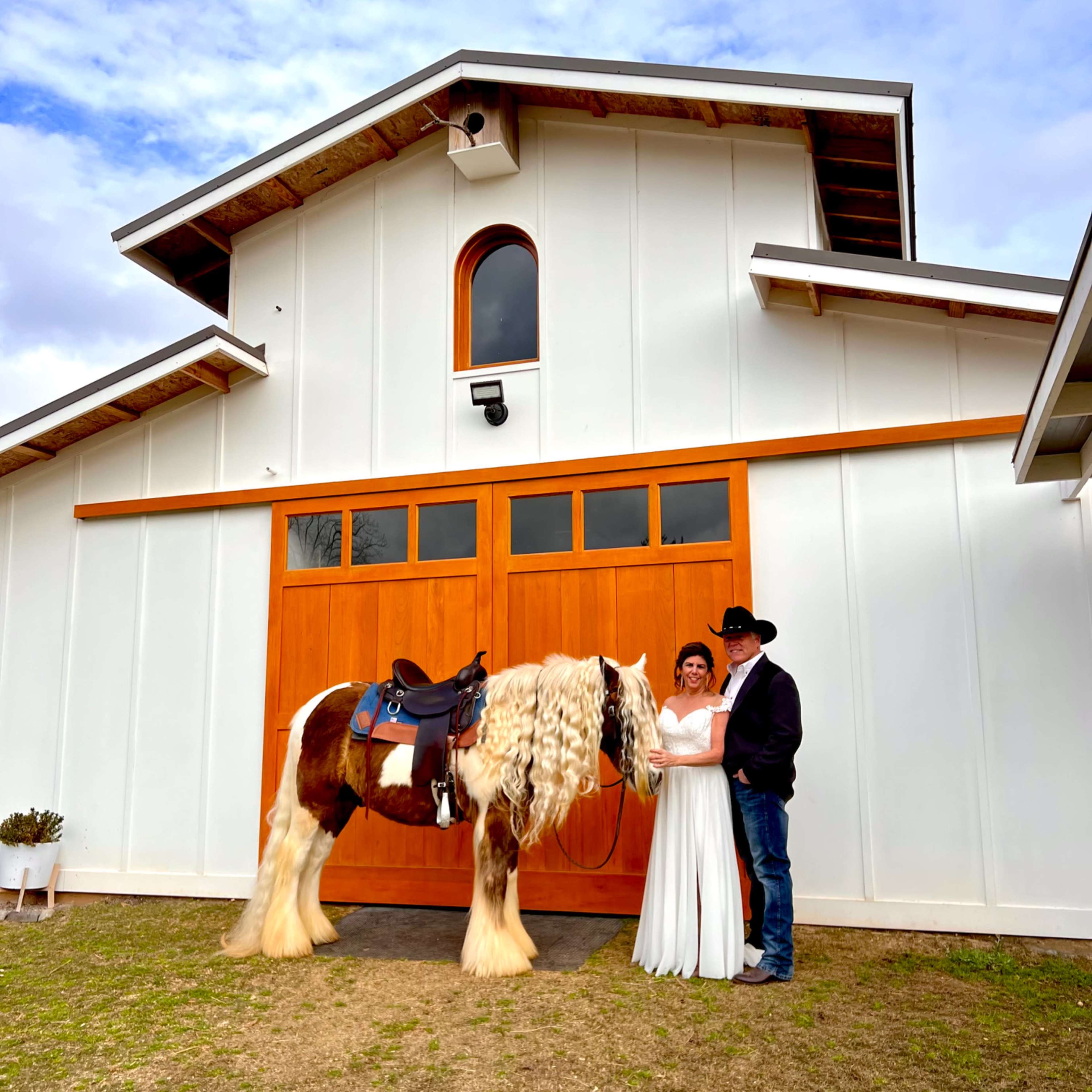 A couple in formal attire stands beside a horse with a long mane in front of a large wooden barn door.