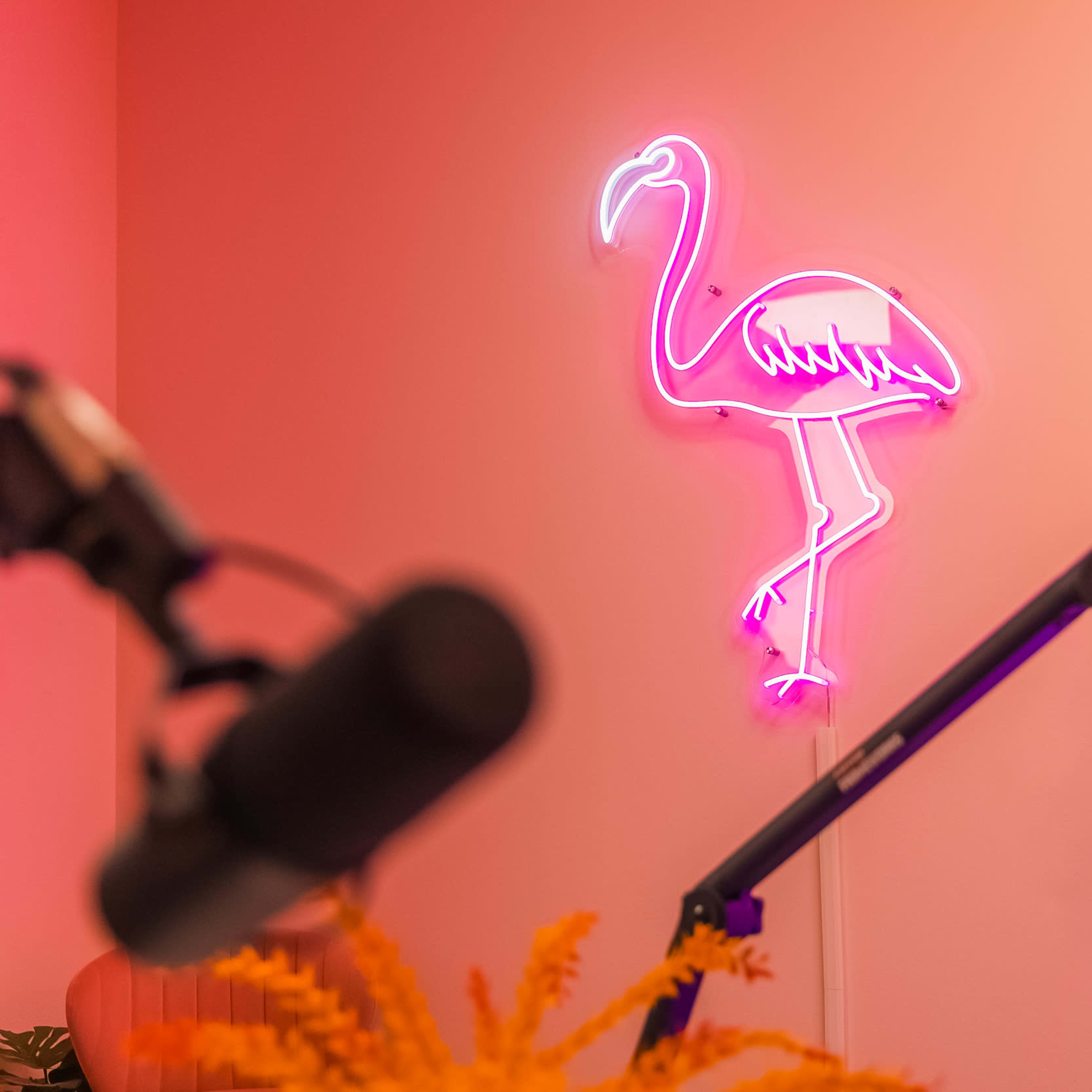 A pink neon flamingo light is mounted on a wall, with microphone stands blurred in the foreground.