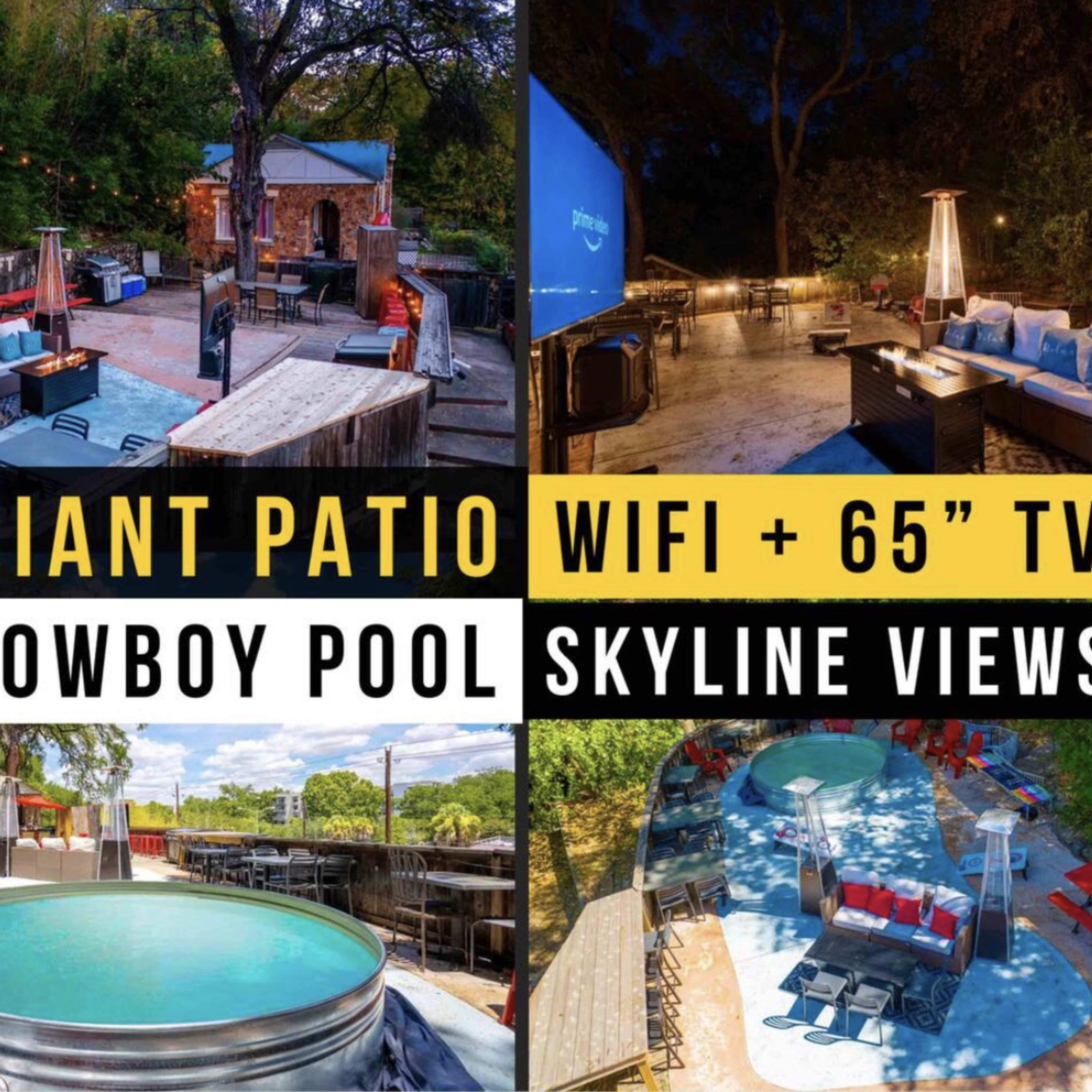 A spacious outdoor patio featuring a cowboy pool, a 65-inch TV, lounge seating, and views of the skyline.