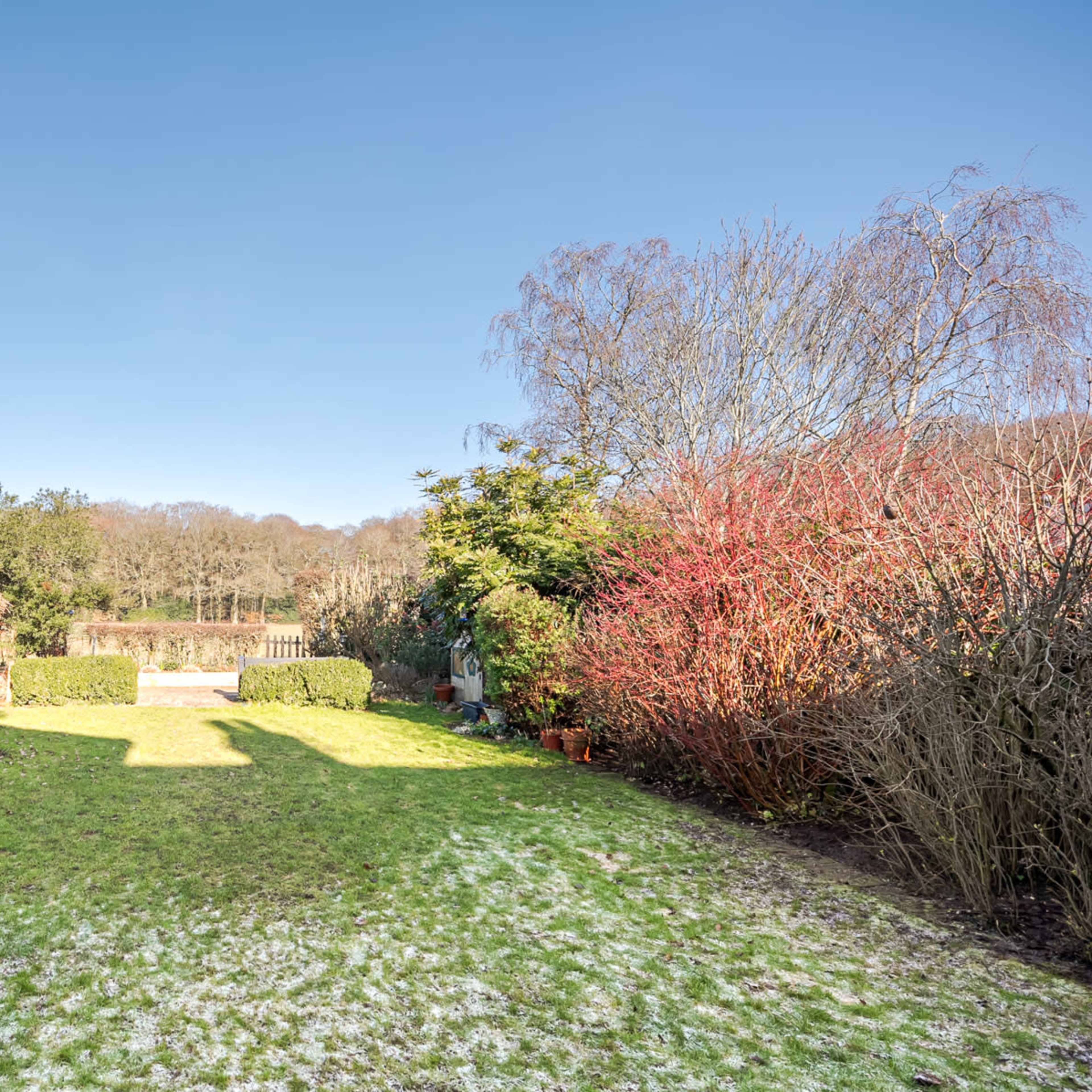 A spacious garden features a grassy area with neat hedges and a backdrop of trees under a clear blue sky.
