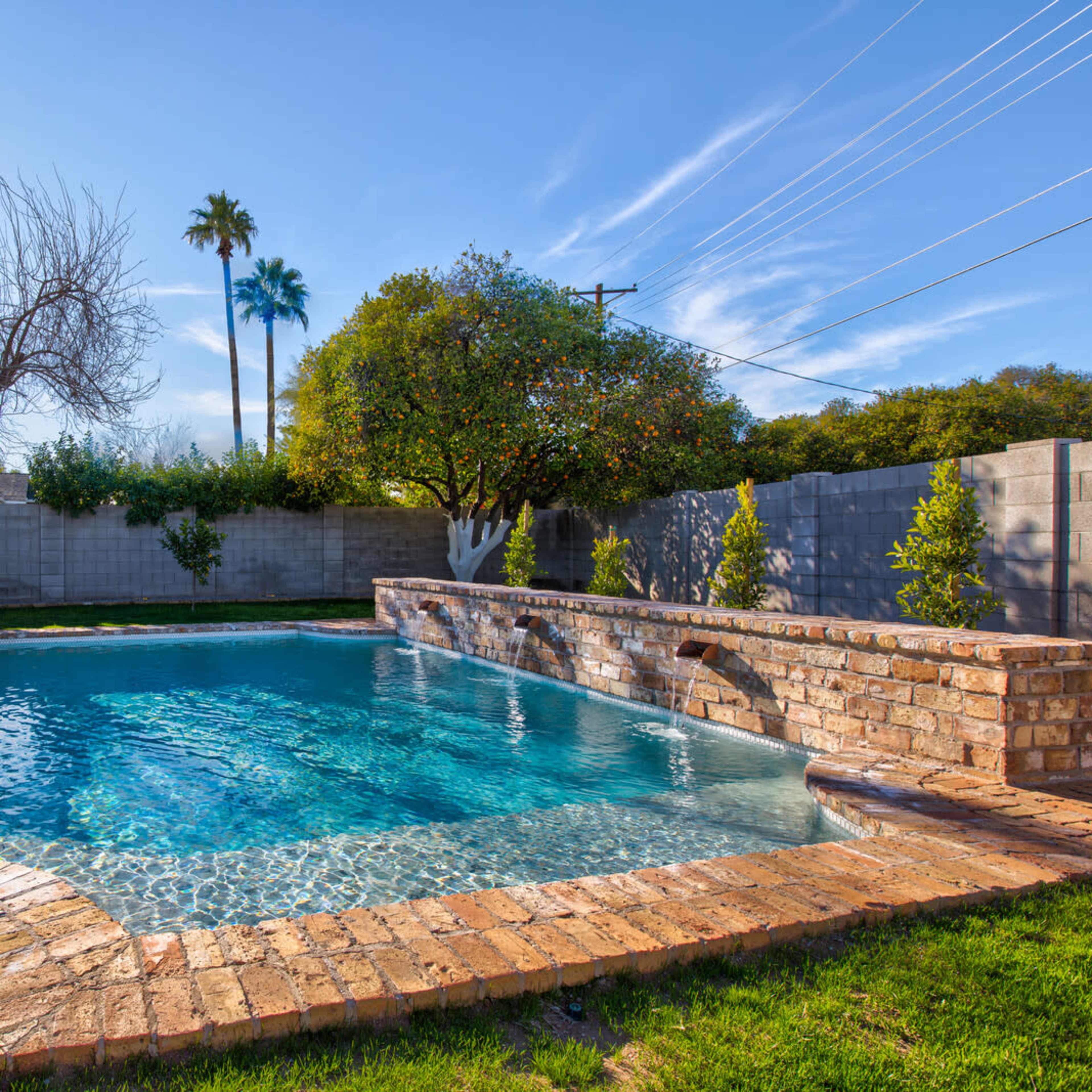 A rectangular swimming pool with a brick deck is situated in a grassy backyard, surrounded by low hedges and trees, under a clear blue sky.