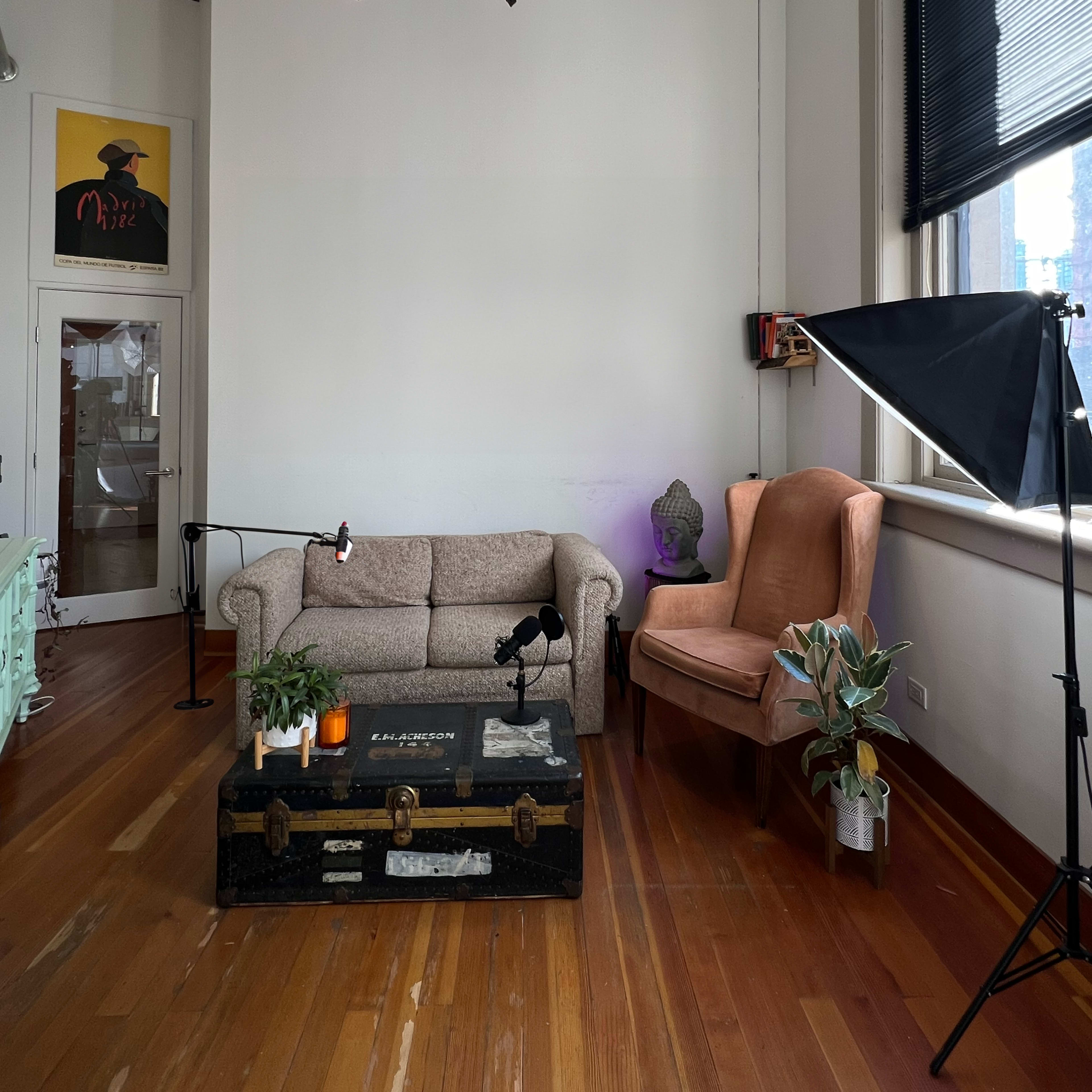 A spacious room with a light-colored wall, a gray sofa, a brown armchair, a wooden trunk, and decorative plants.