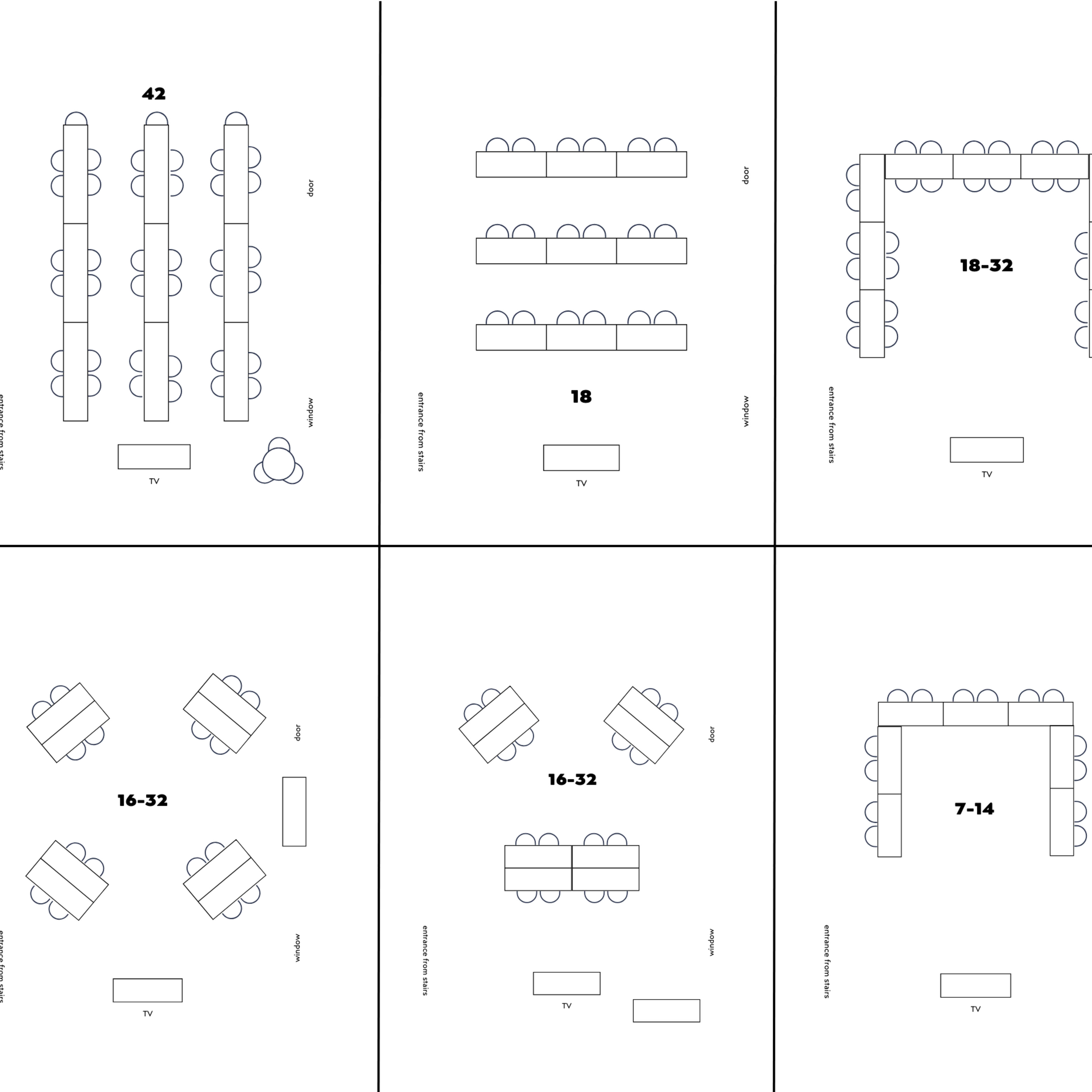 Various seating arrangements for different group sizes, labeled with corresponding numbers and shapes of tables.