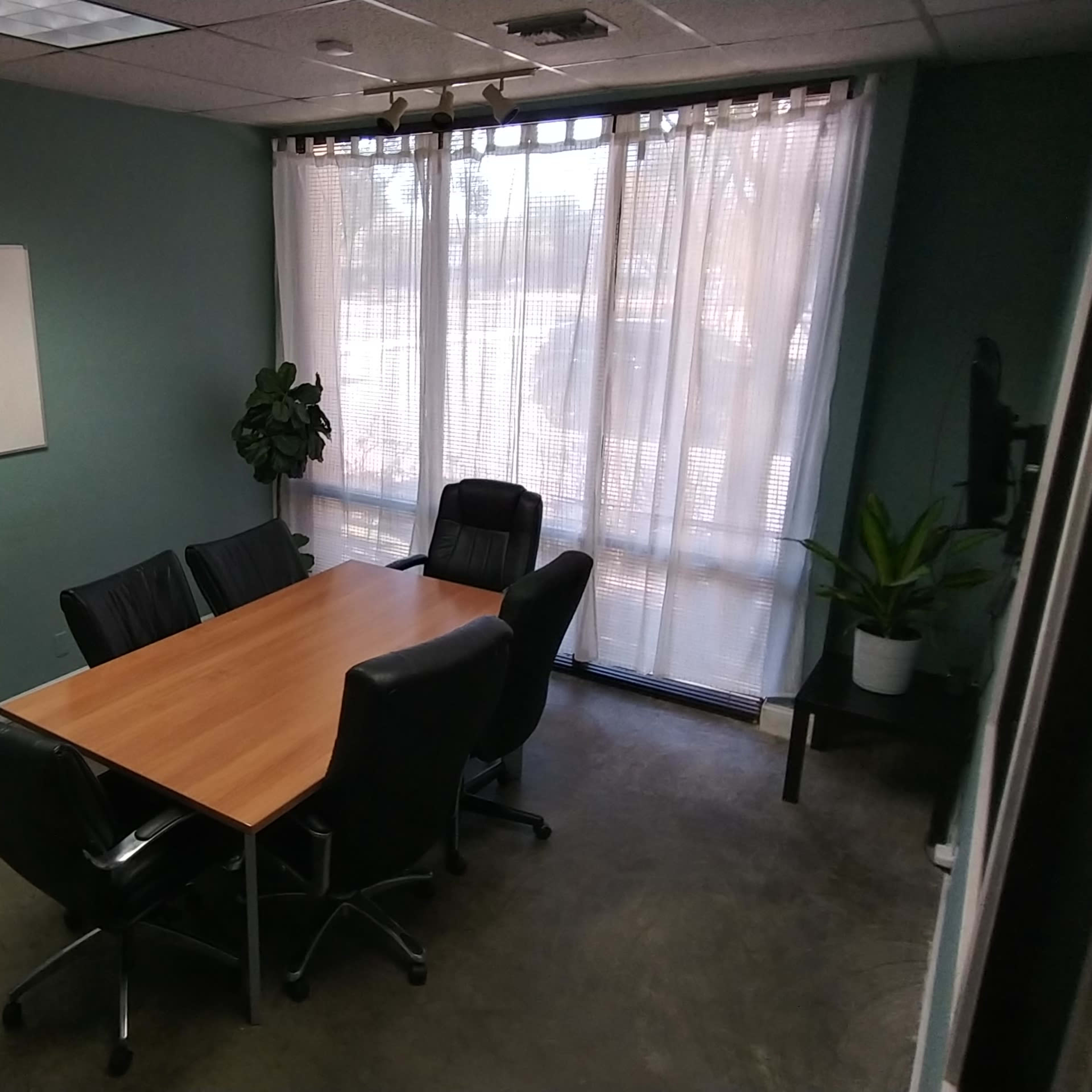 A conference room features a wooden table surrounded by six black leather chairs, with large windows covered by sheer curtains and a plant in the corner.