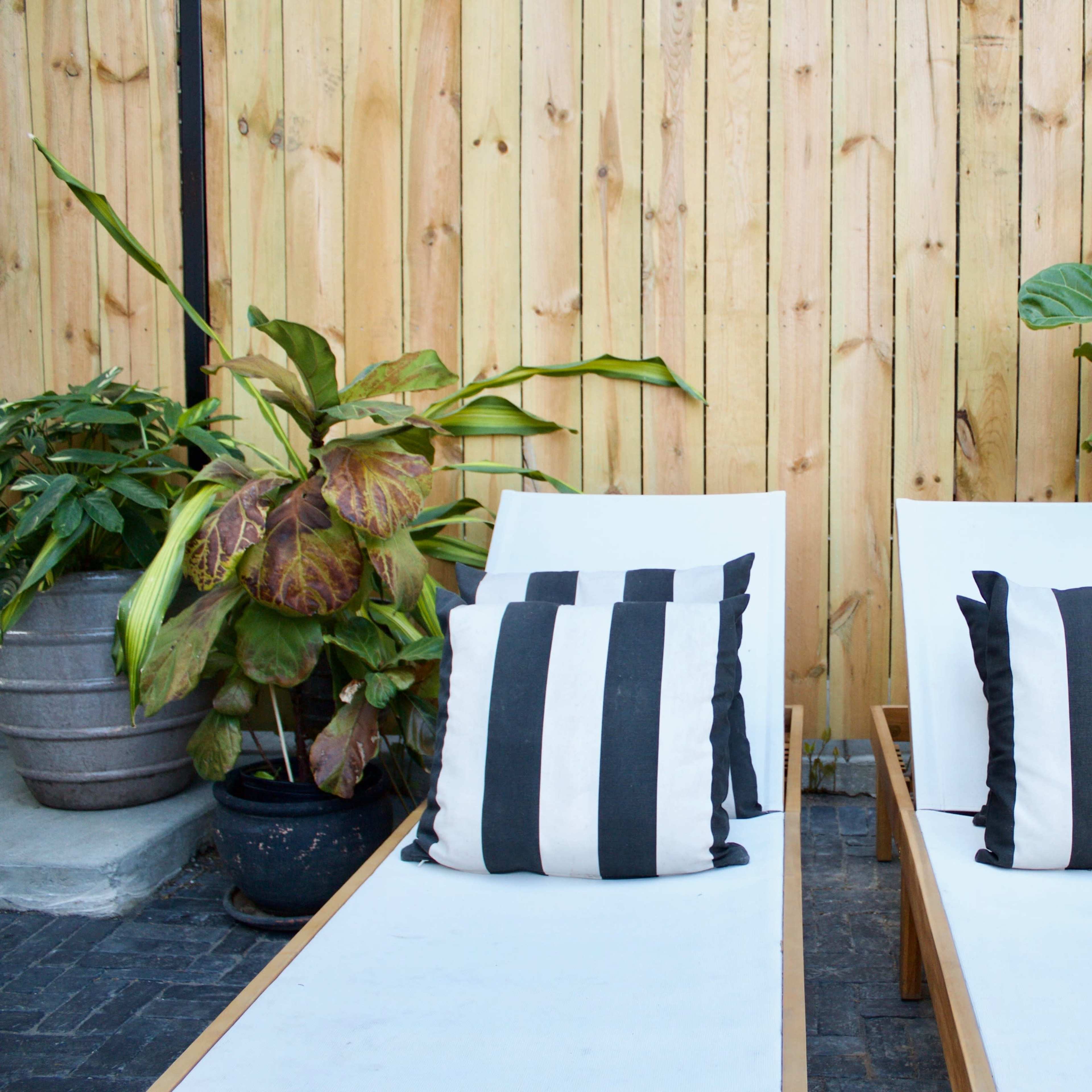 Two white lounge chairs with black striped pillows are positioned in front of a wooden fence surrounded by potted plants.