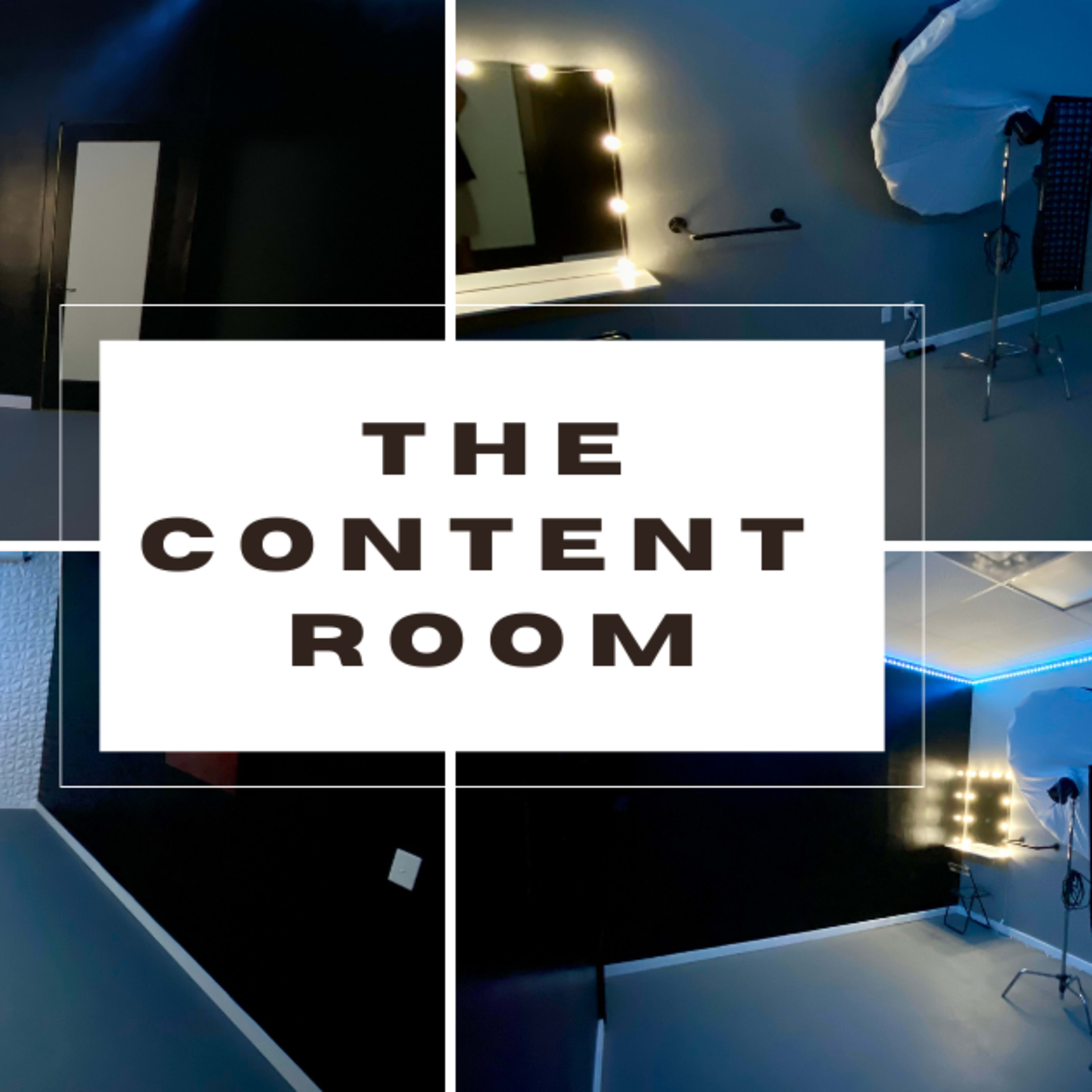 A studio space called "The Content Room," featuring various photography equipment and lighting setups against dark walls.