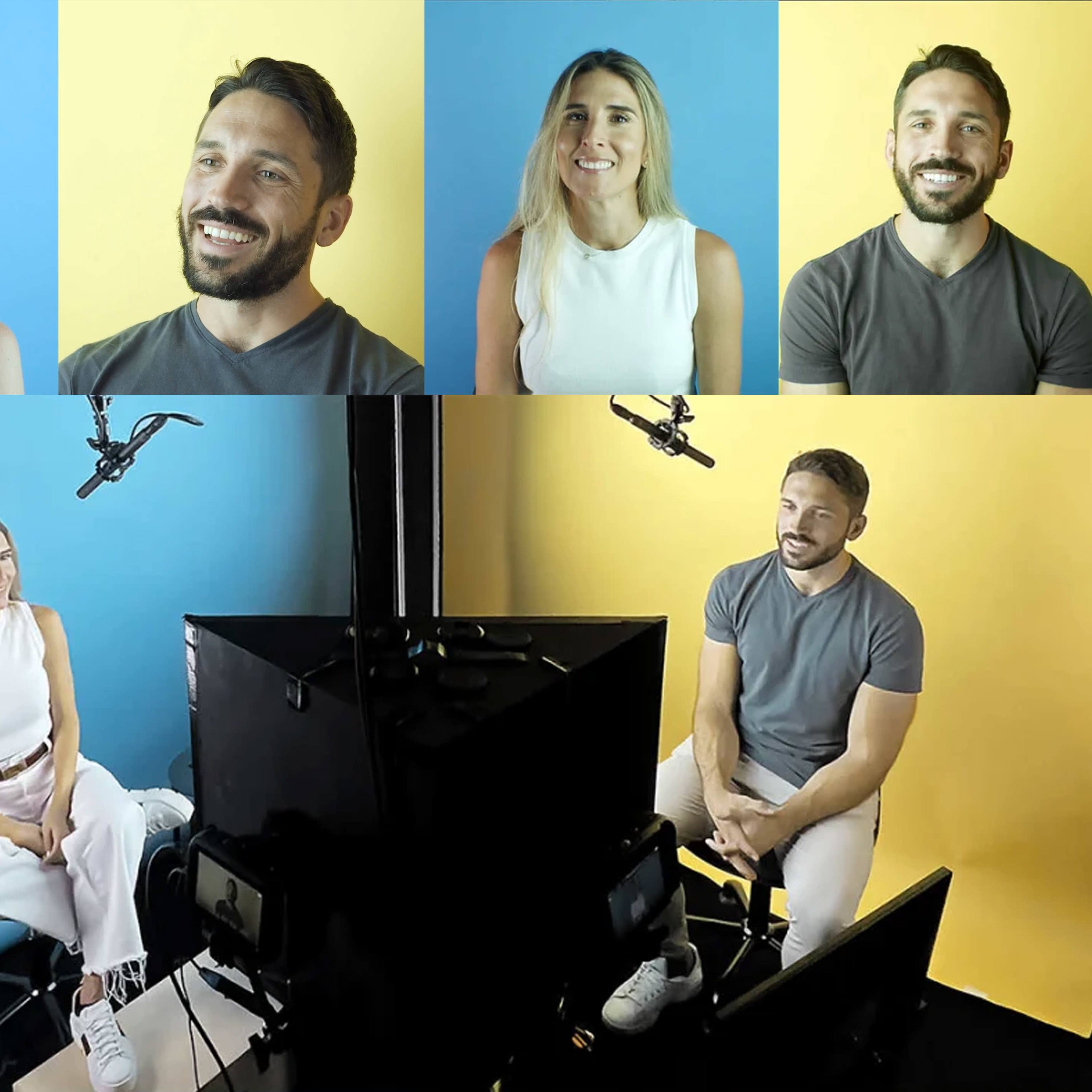 A split-screen setup featuring two individuals being interviewed, with one set against a blue background and the other against a yellow background.