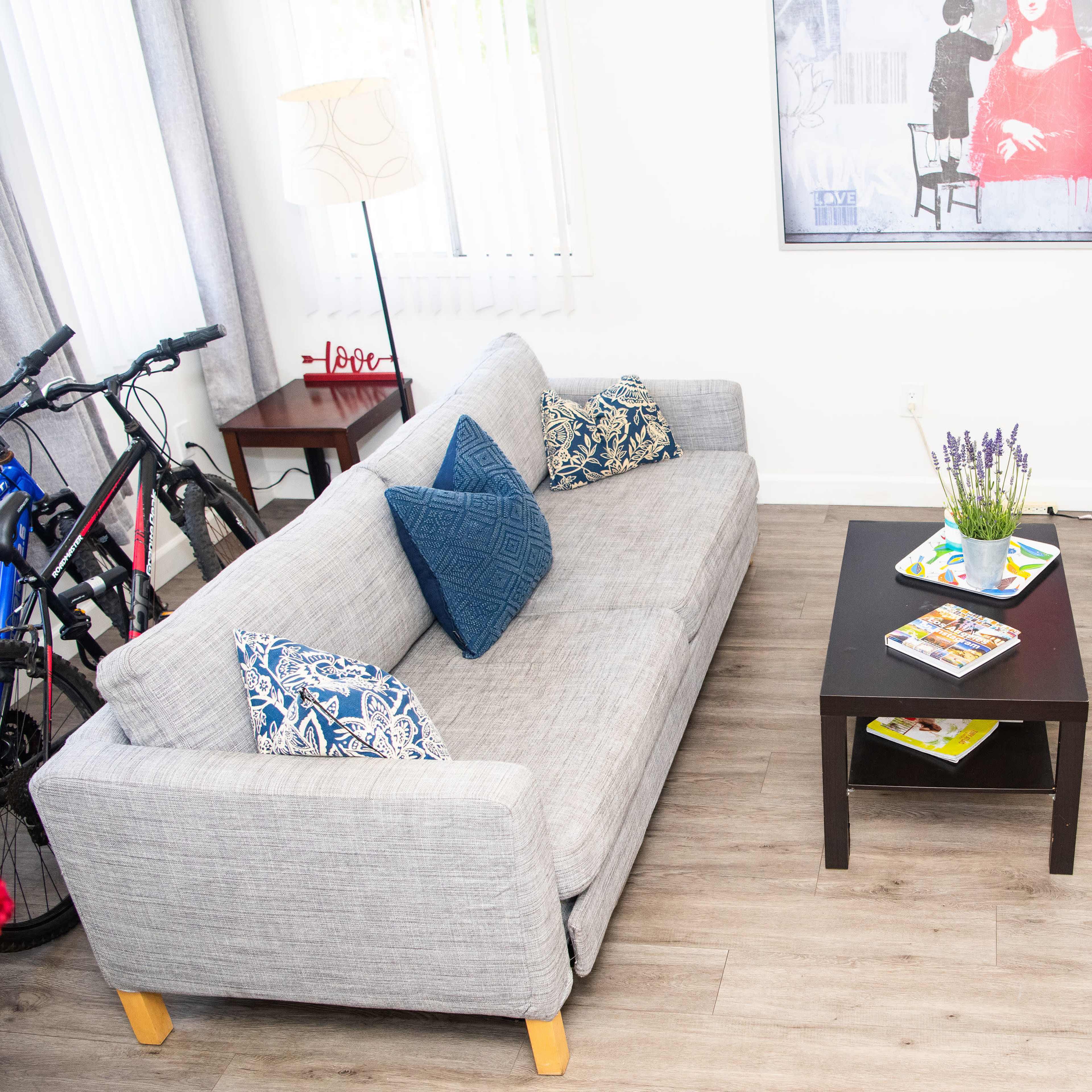 A living room features a gray sofa with blue pillows, a black coffee table, a television on a white stand, a lamp, and two bicycles parked beside the wall.