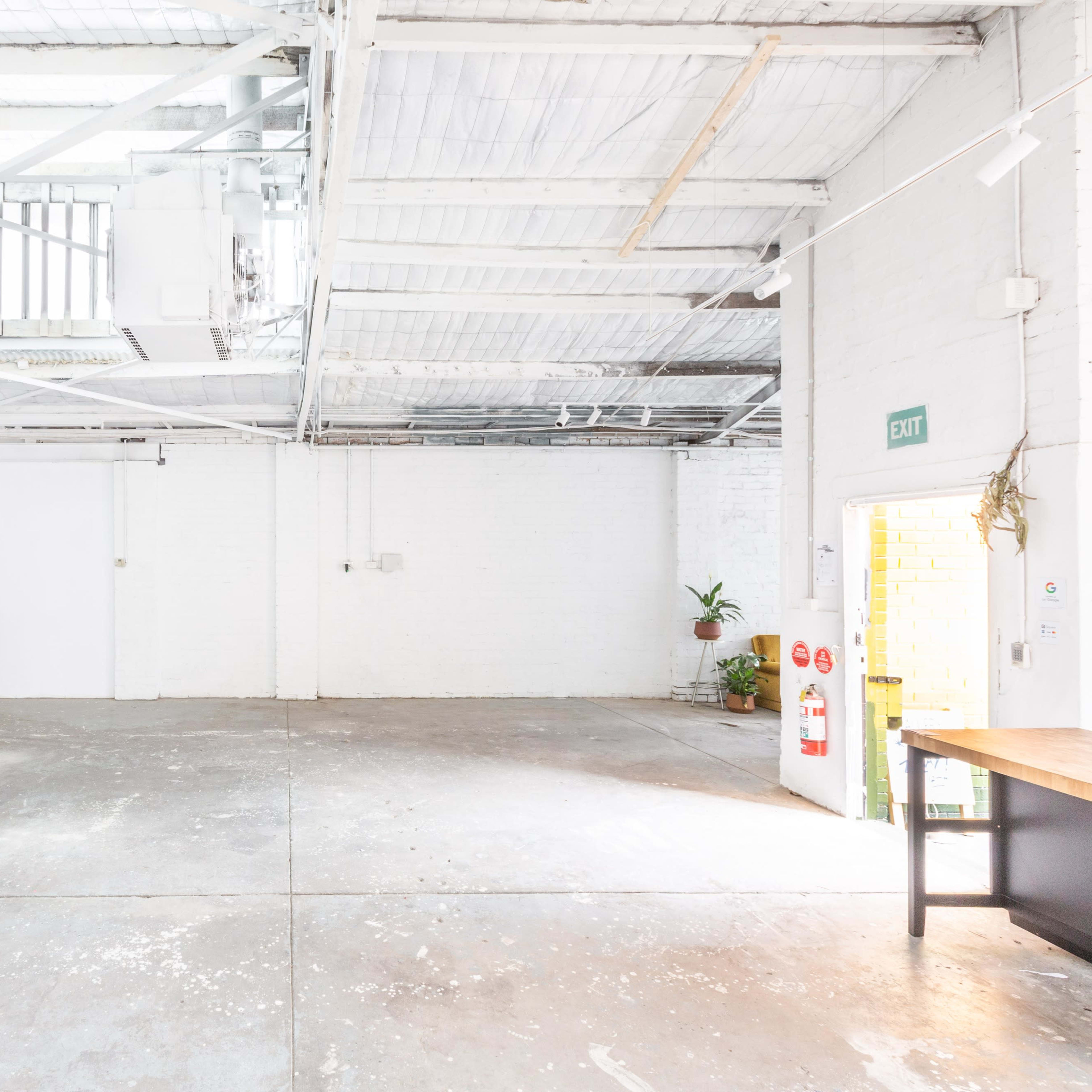A spacious, empty industrial room with white walls, concrete flooring, and a few indoor plants in the corner.