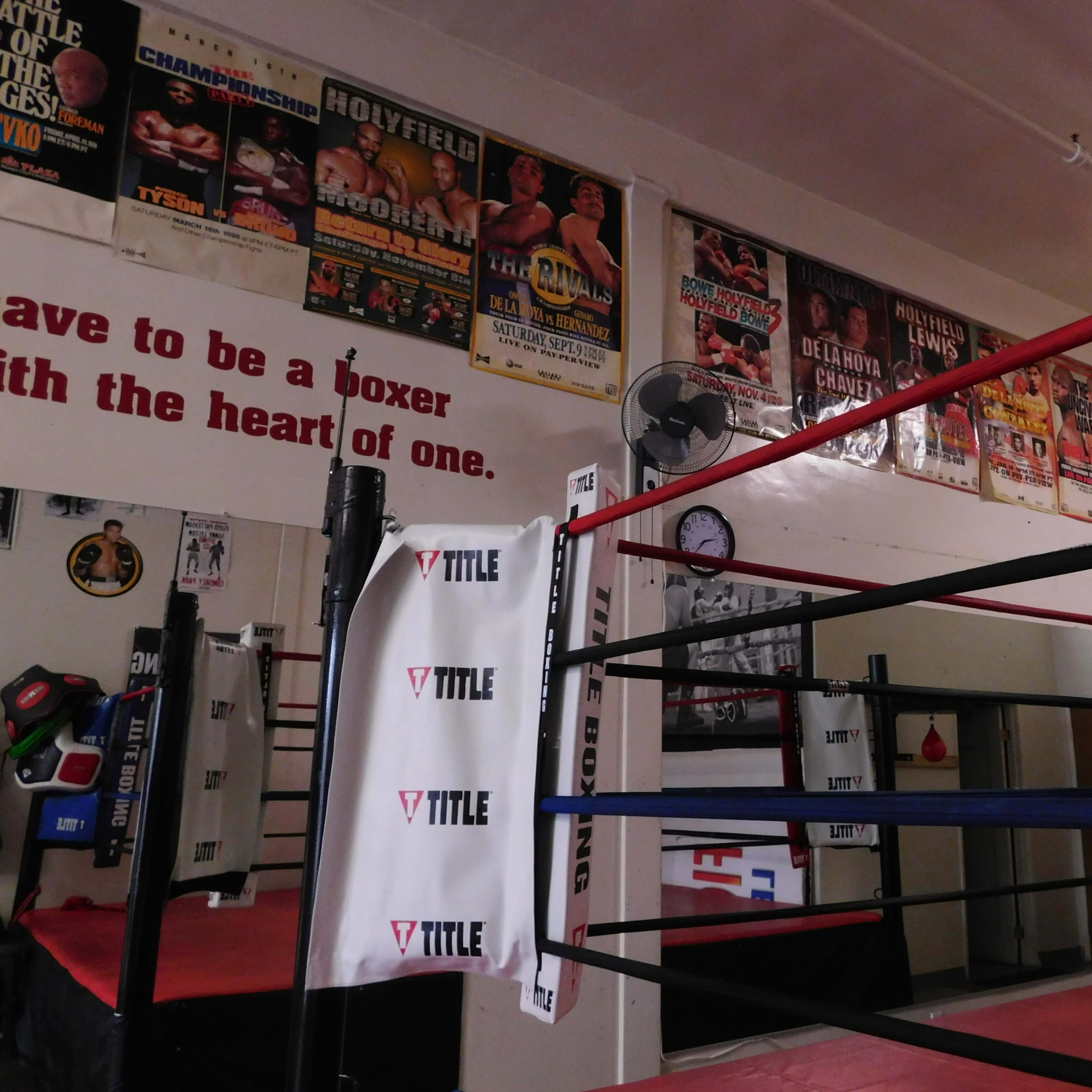 An indoor boxing gym with a boxing ring surrounded by posters of famous boxing matches and a wall inscribed with motivational text.