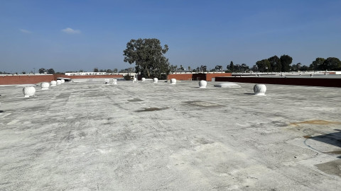Flat Warehouse Rooftop with Wind Turbines in Commercial Industrial Zone ...
