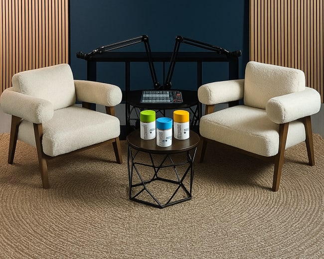 Two beige armchairs are positioned facing each other around a black metal table with three colorful paint cans, set against a blue wall and wooden paneling.