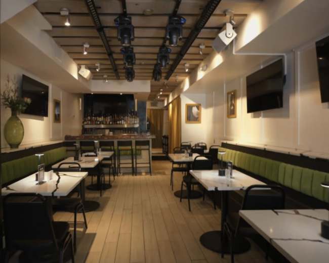 A modern restaurant interior features green-upholstered seating along the walls, small tables with lamps, and a bar area in the background.