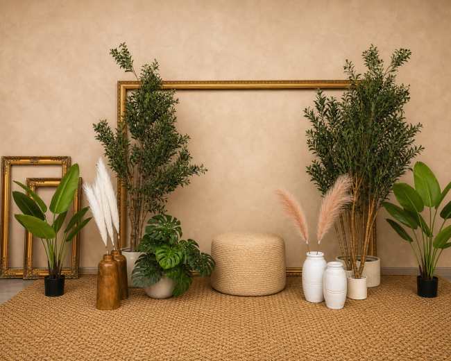 The image shows a minimalist interior arrangement featuring a textured beige wall, two decorative frames, potted plants, a woven ottoman, and a natural fiber rug.