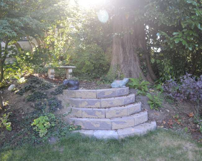 A stone staircase leading up to a patch of greenery with a bench and various plants, set against a backdrop of trees.