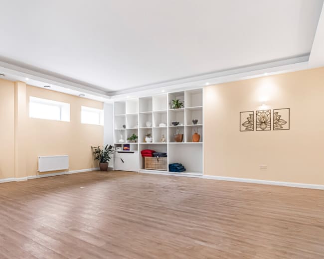 The image shows a spacious room with light-colored walls, hardwood flooring, and a built-in shelving unit decorated with plants and various items.