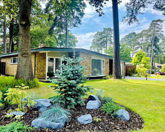 A modern single-story house is surrounded by landscaped gardens, featuring a mix of trees and ornamental plants.