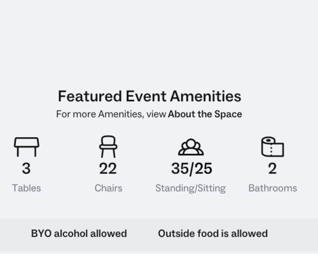 The image displays information about featured event amenities, including the number of tables, chairs, maximum capacity for standing and sitting, number of bathrooms, and policies on alcohol and outside food.