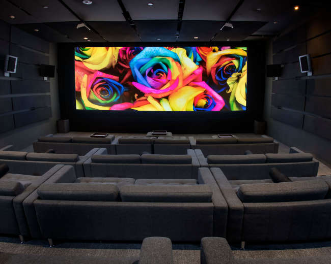 The image shows a modern theater room with dark seating facing a large screen displaying vibrant, multicolored roses.