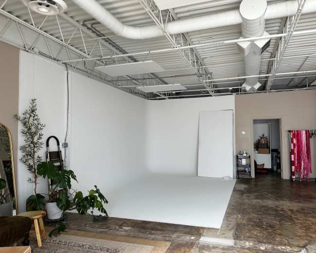 The image shows a spacious, empty studio with a white backdrop, concrete flooring, and plants along the left side.