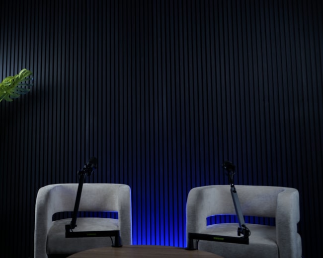 The image shows a minimalist indoor setting with two empty chairs, a round table, a large light source, and a potted plant against a textured black wall.