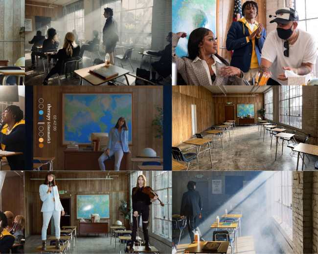 A series of scenes shows a film or photo shoot taking place in a classroom setting with various individuals, including actors and crew members, interacting and preparing shots against a backdrop of world maps.