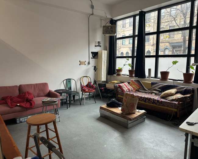 A spacious room features a pink couch, a wooden stool, and various plants on a wide windowsill, with natural light streaming in through large windows.
