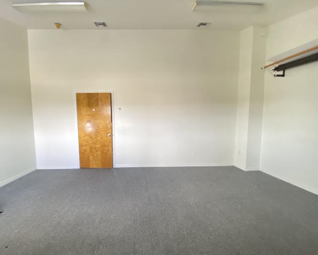 The image shows a sparsely furnished room with gray carpet and a wooden door on one wall.