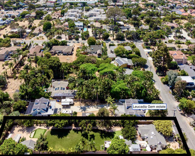 The image shows an aerial view of a coastal neighborhood with residential areas, including Beacons Beach and notable landmarks like Leucadia Gem estate and California Route 101.