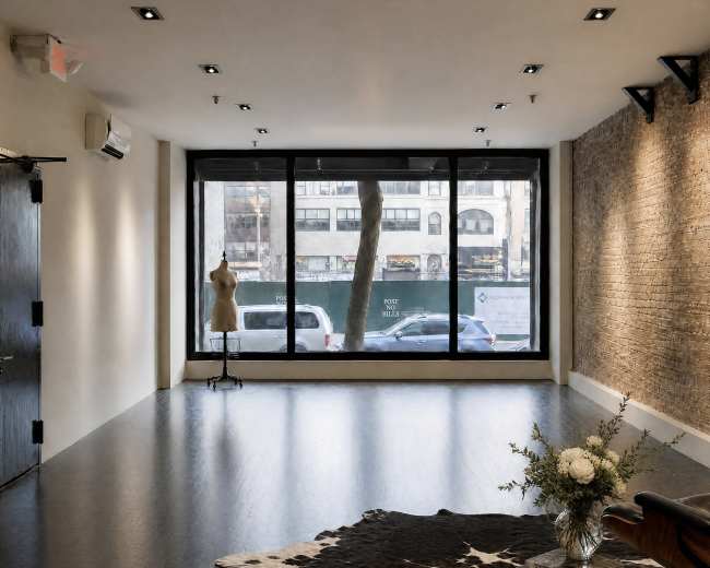 The image depicts a spacious interior with a large window, a dress form, a cowhide rug, and a small table displaying a book and a vase of flowers.
