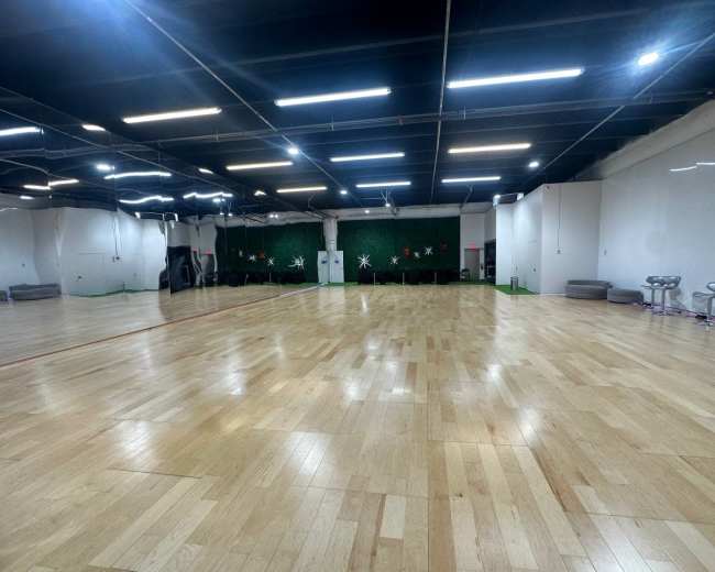 The image shows a spacious fitness studio with wooden flooring, wall-mounted mirrors, and green decorative elements.