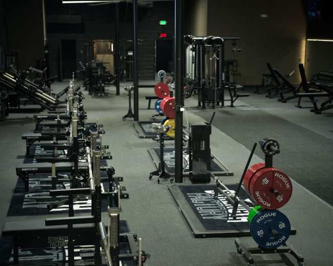 The image shows an empty gym interior equipped with various weightlifting machines, free weights, and fitness equipment arranged neatly on a rubberized floor.