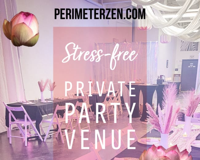 A decorated indoor party venue with tables set for a private event, adorned with floral arrangements and a banner promoting a stress-free experience.